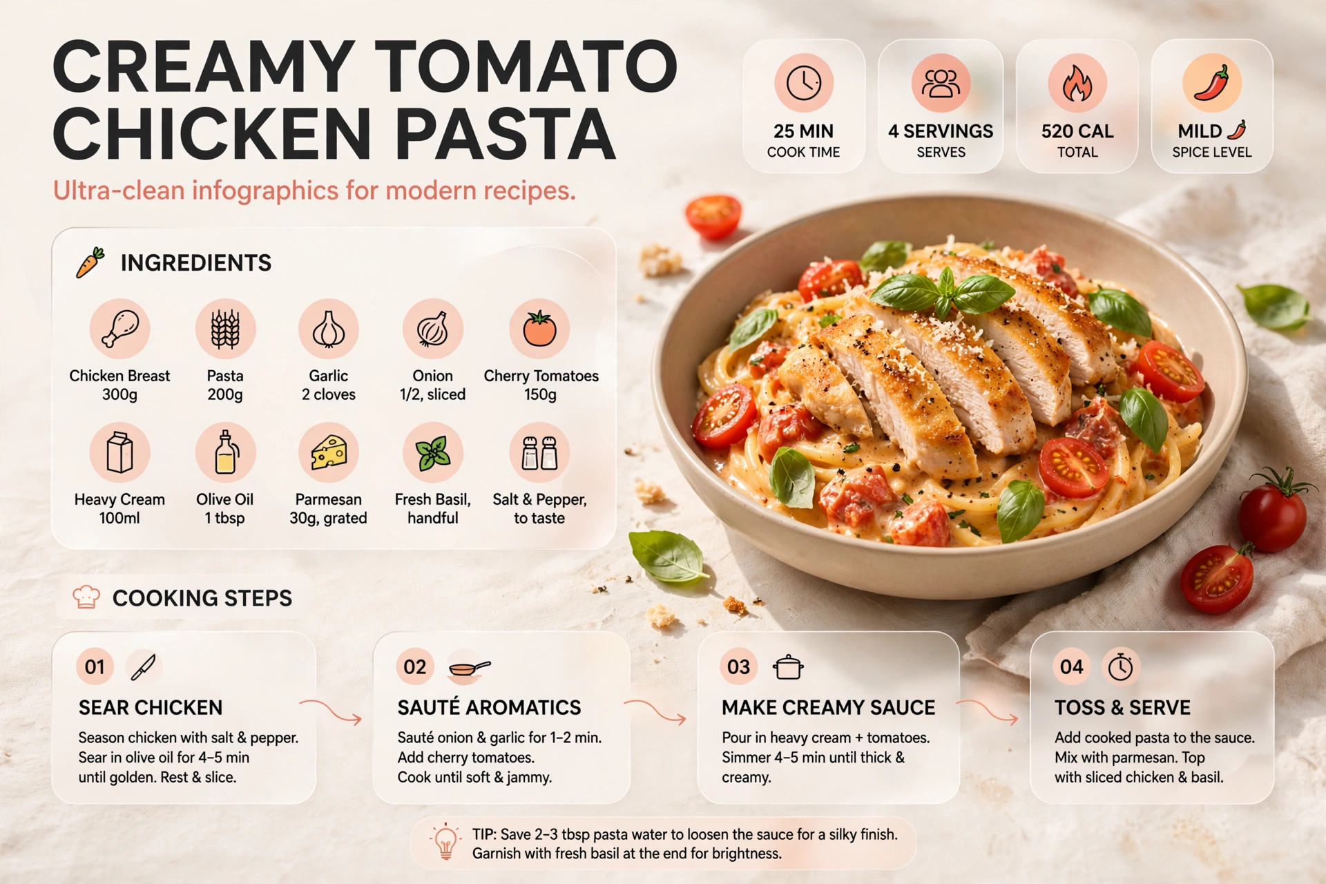 Recipe infographic: Creamy Tomato Chicken Pasta — ingredients and step-by-step visual guide