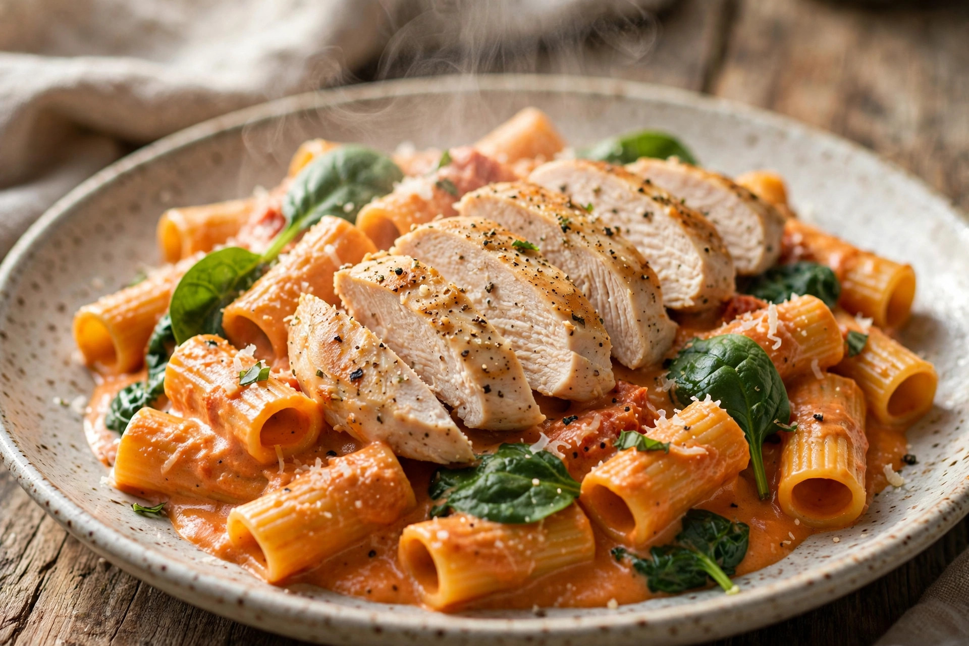 A bowl of creamy tomato chicken pasta with spinach