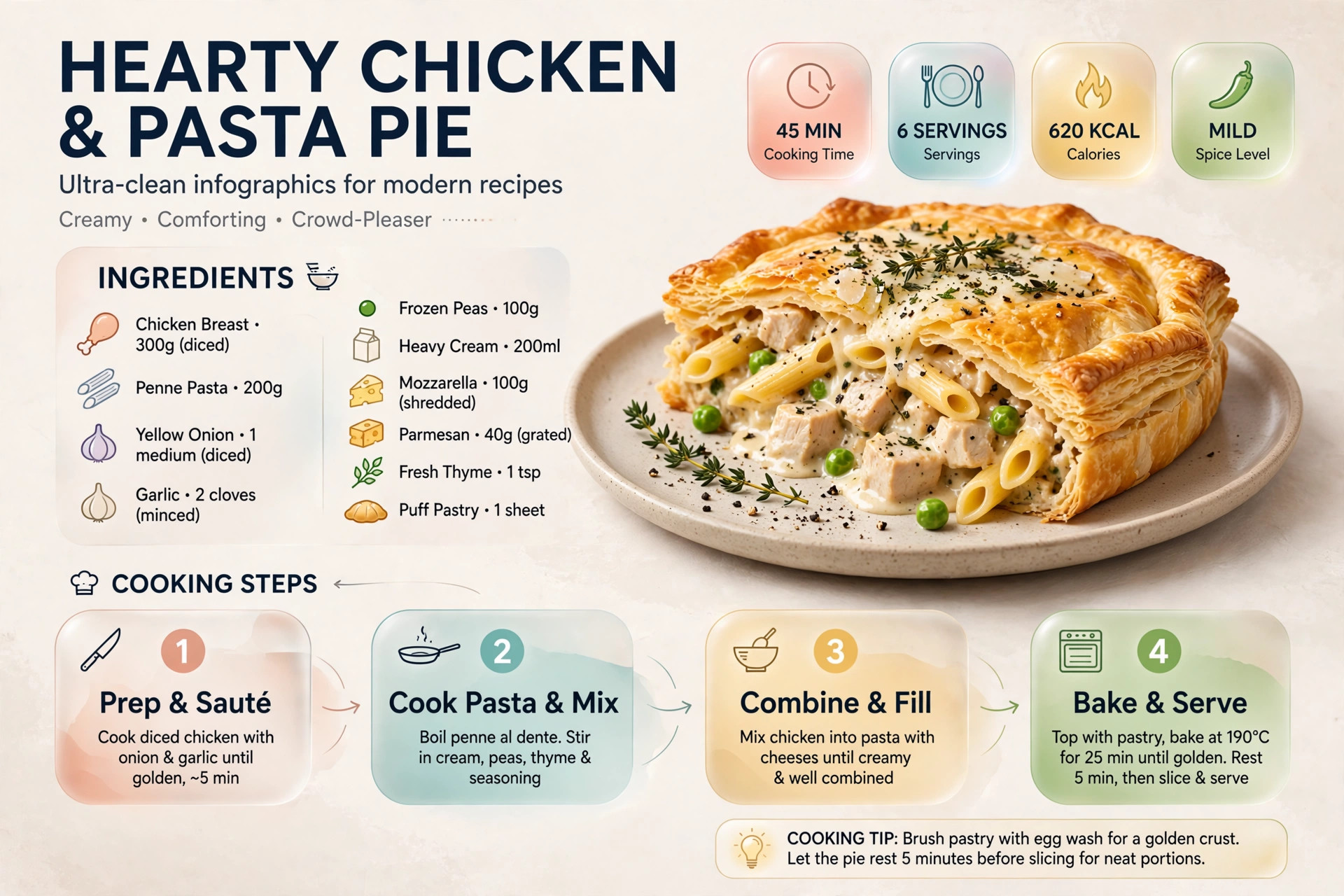 Recipe infographic: Hearty Chicken and Pasta Pie — ingredients and step-by-step visual guide