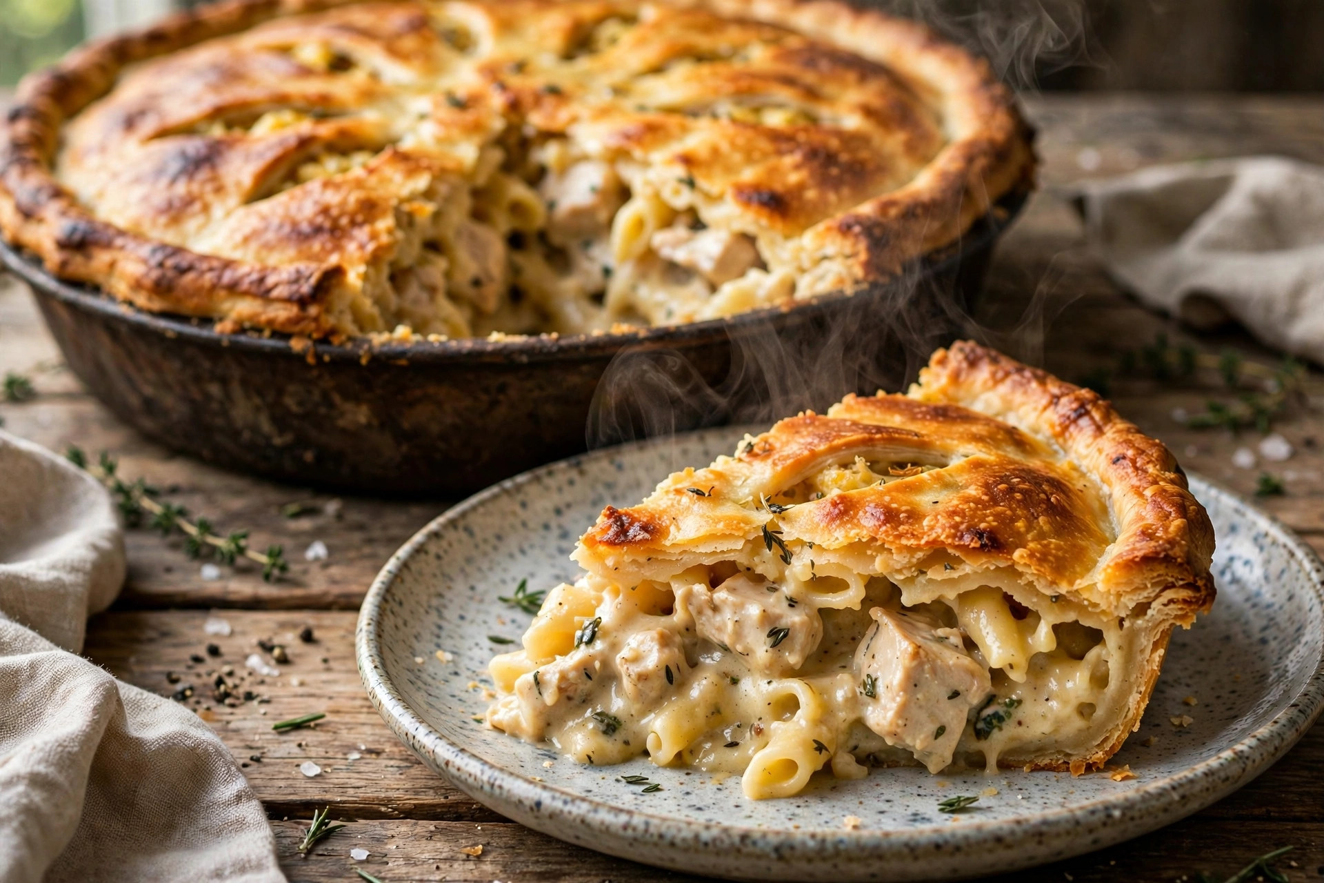 A slice of Hearty Chicken and Pasta Pie on a plate