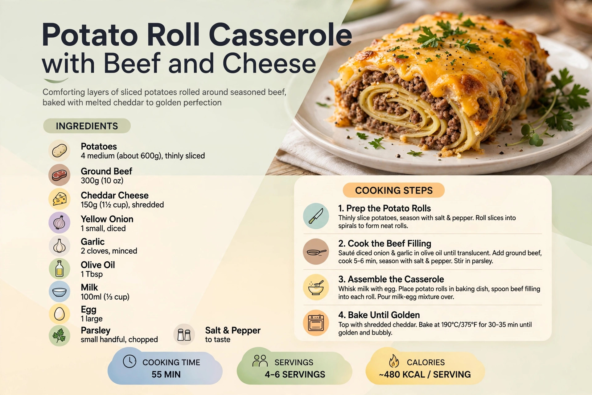 Recipe infographic: Potato Roll Casserole with Beef and Cheese — ingredients and step-by-step visual guide