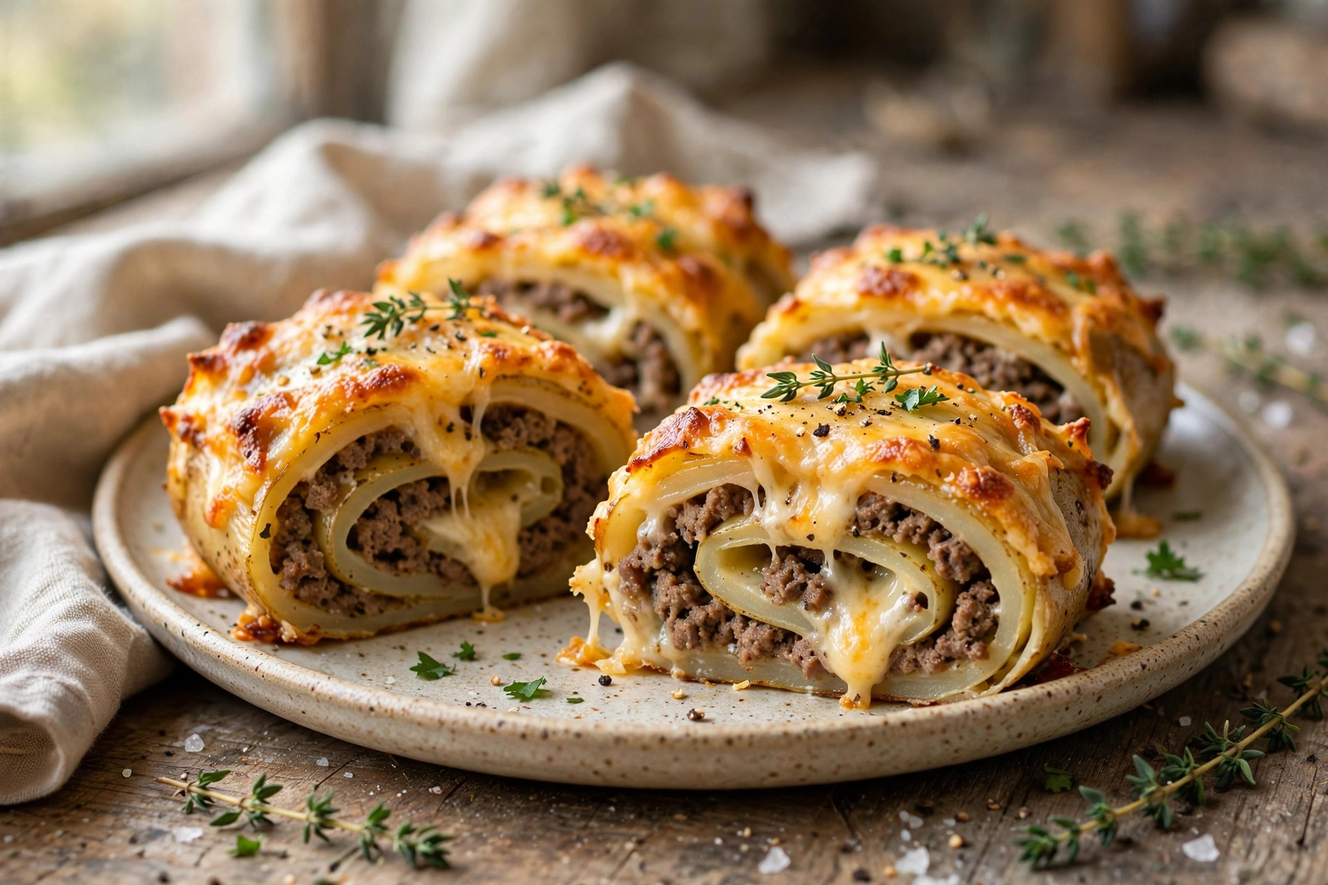 Sliced potato roll casserole revealing savory beef and melted cheese filling