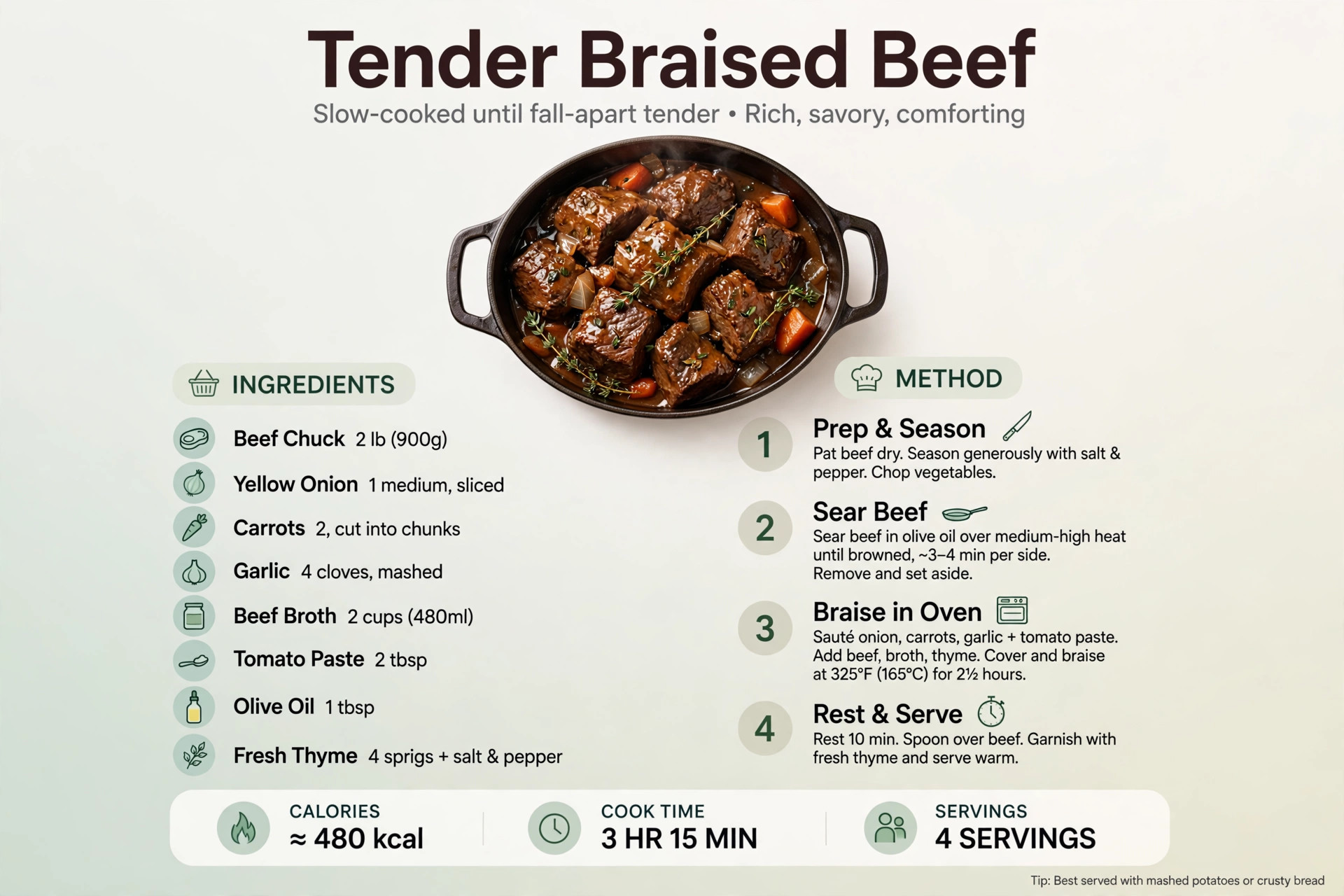 Recipe infographic: The Secret to Tender Braised Beef — ingredients and step-by-step visual guide