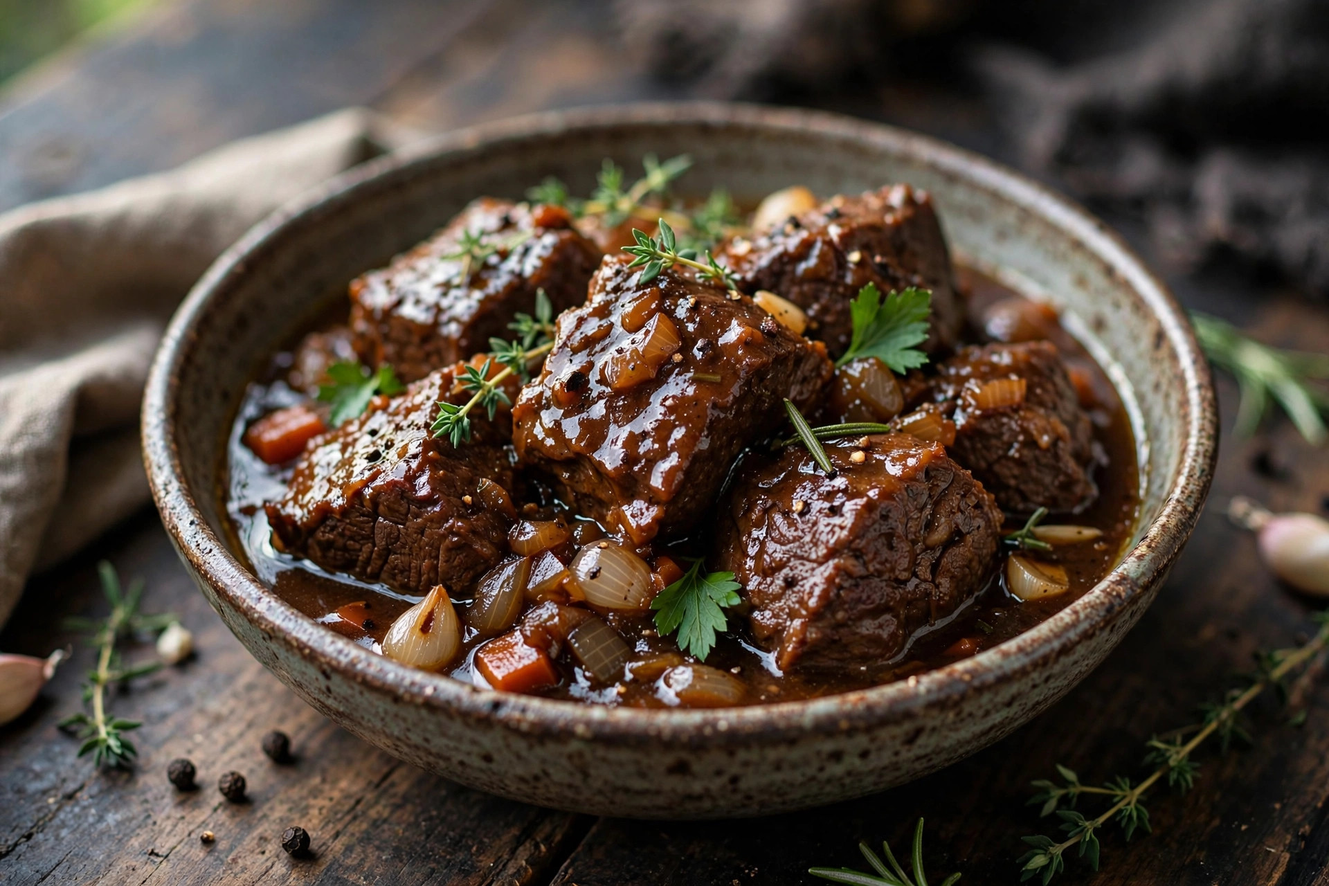 Tender braised beef slices in savory sauce garnished with fresh herbs