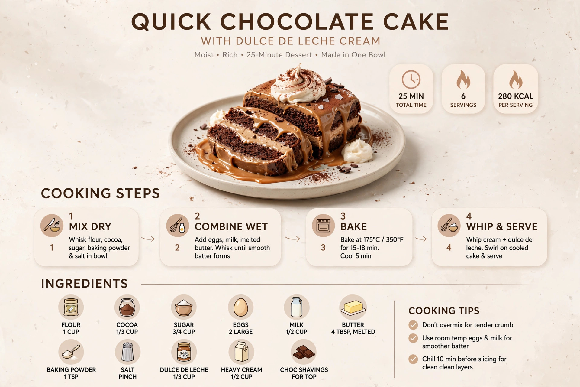 Recipe infographic: Quick Chocolate Cake with Dulce de Leche Cream — ingredients and step-by-step visual guide