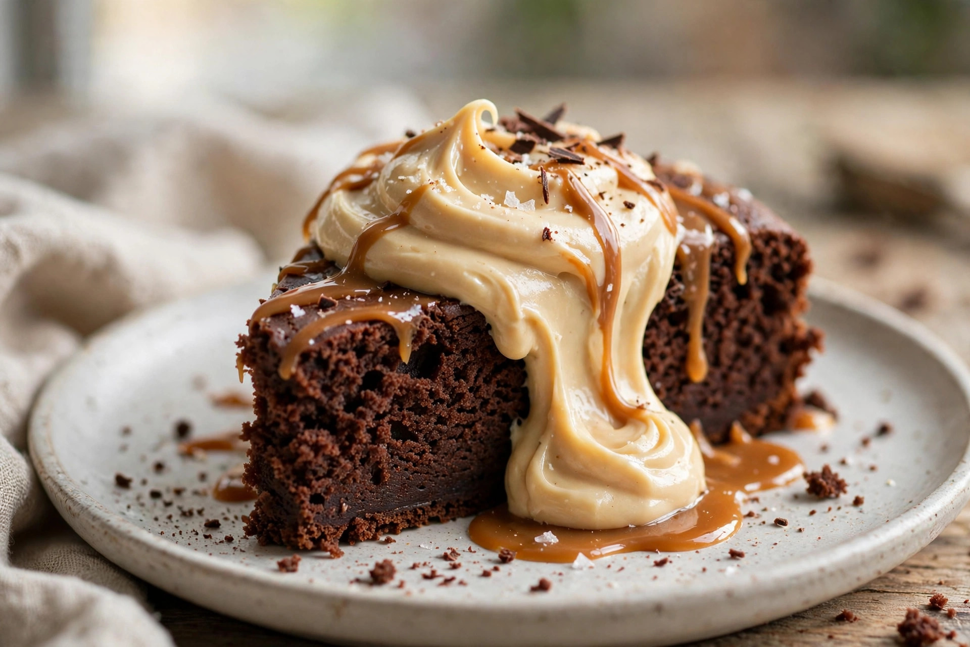 Chocolate sponge cake layered with dulce de leche cream and topped with chocolate shavings