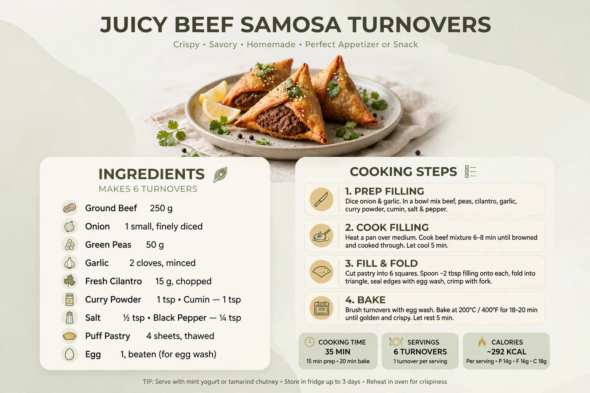 Recipe infographic: Juicy Beef Samosa Turnovers — ingredients and step-by-step visual guide