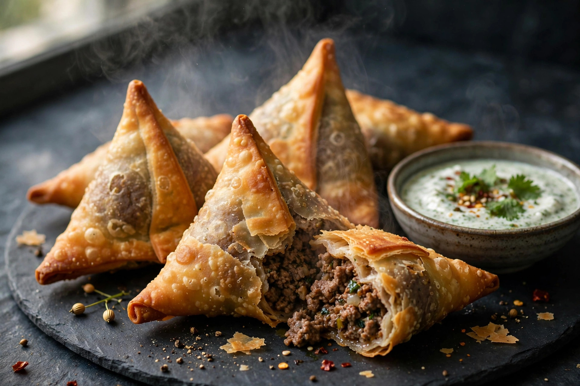 Golden baked beef samosa turnovers topped with sesame seeds