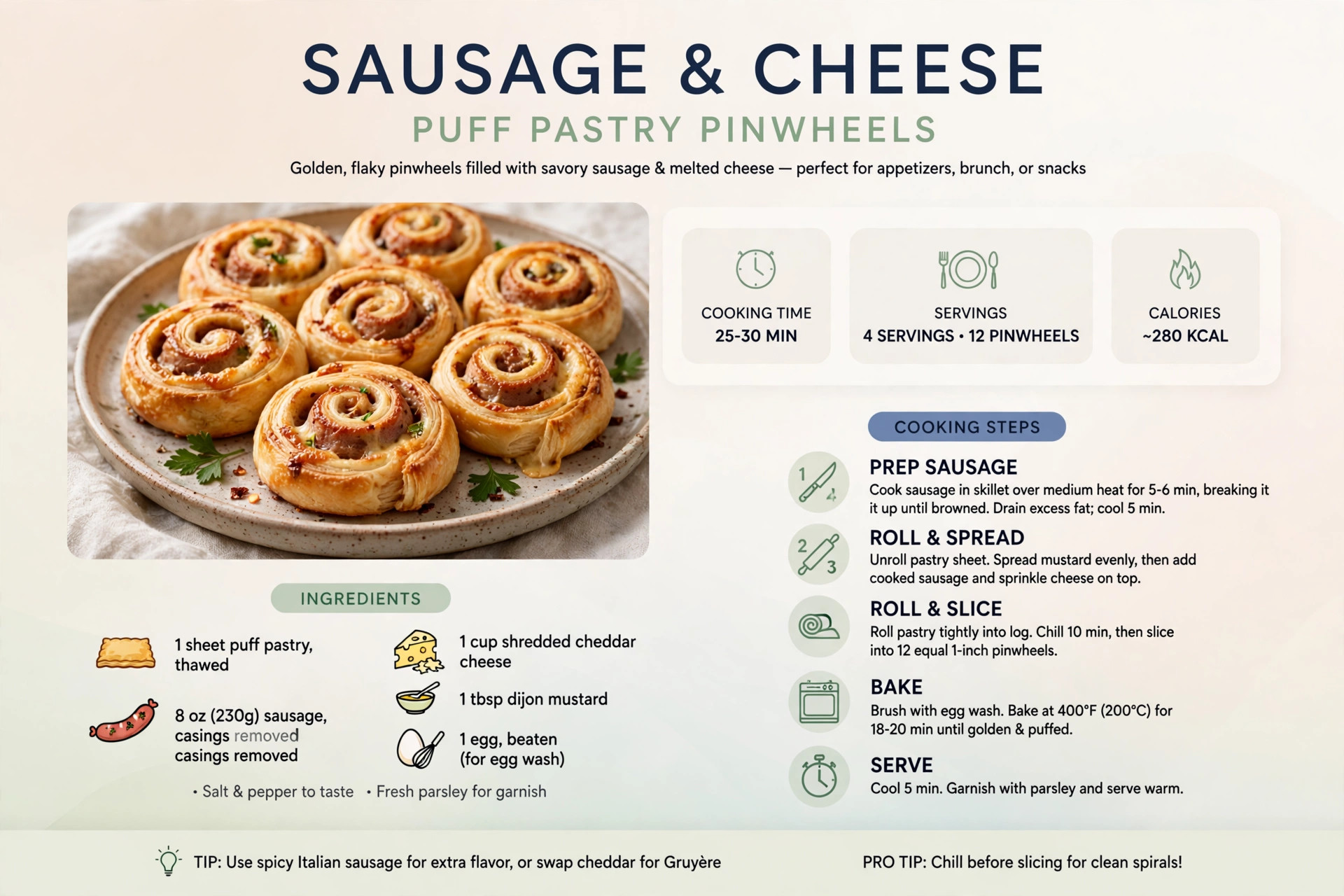 Recipe infographic: Sausage and Cheese Puff Pastry Pinwheels — ingredients and step-by-step visual guide