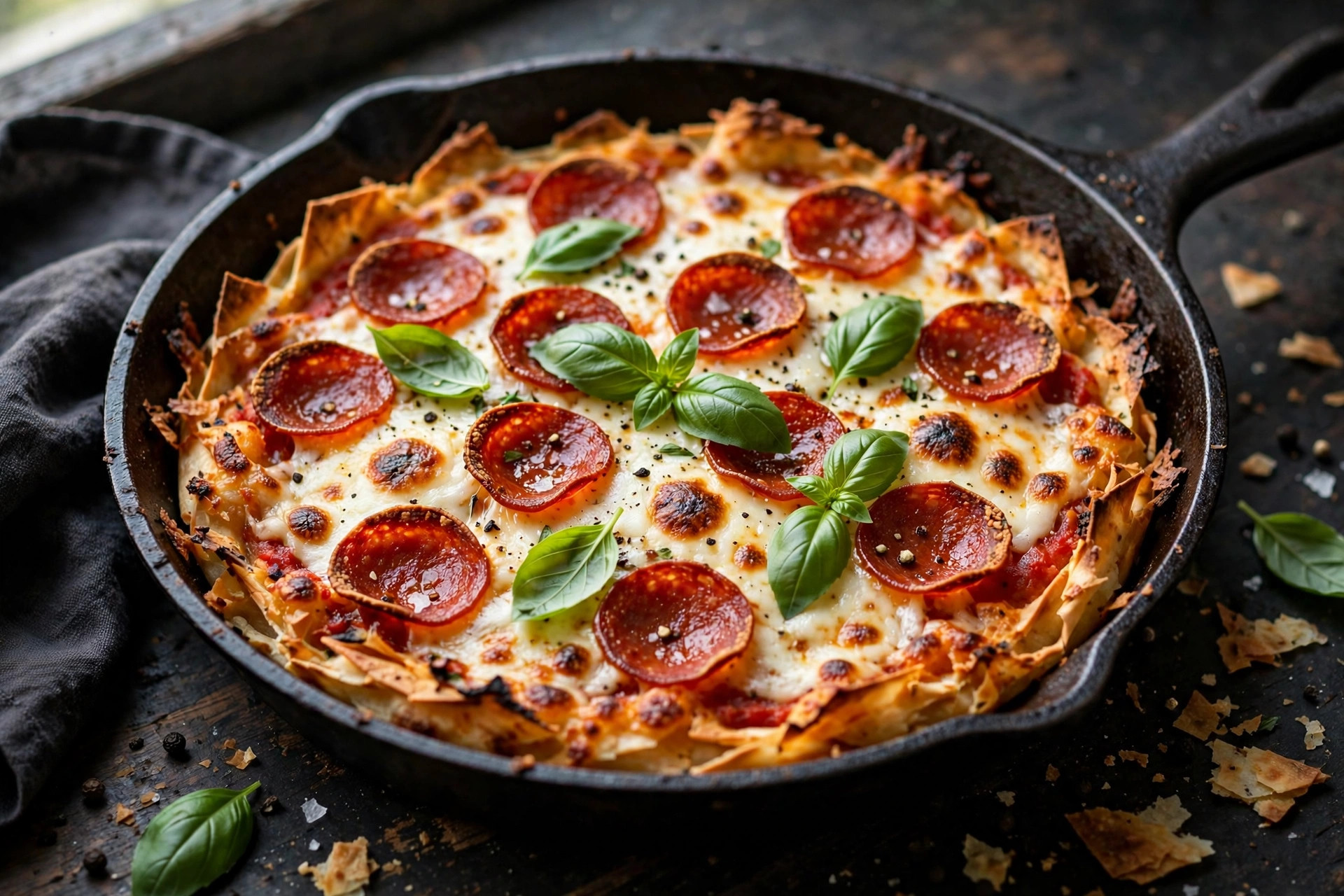 Skillet pizza with golden tortilla crust, peppers, sausage, and melted cheese