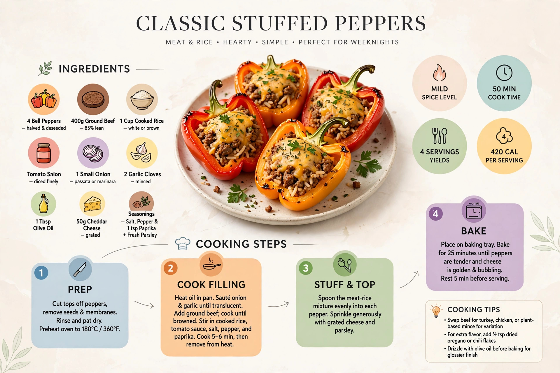 Recipe infographic: Classic Stuffed Peppers with Meat and Rice — ingredients and step-by-step visual guide
