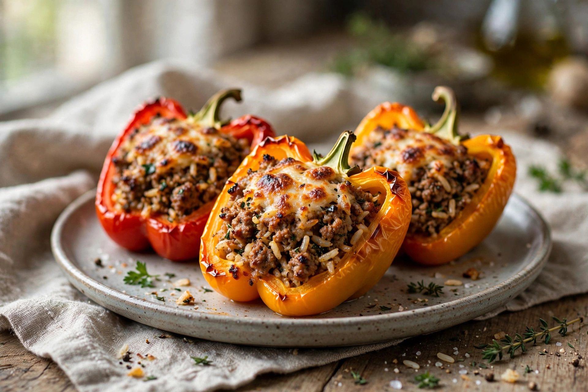 Stuffed bell peppers with meat and rice simmered in a rich tomato sauce, garnished with fresh herbs