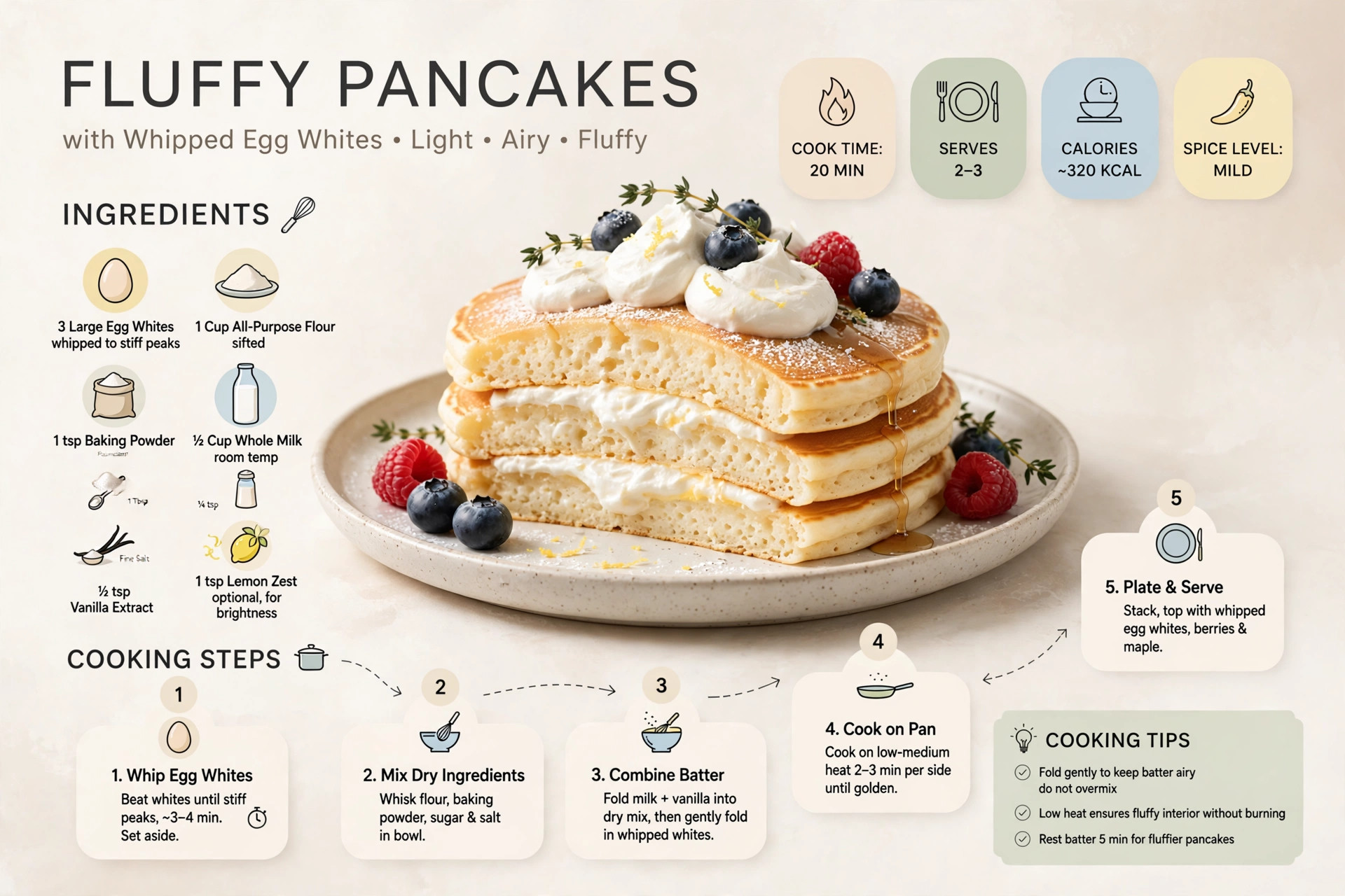 Recipe infographic: Fluffy Pancakes with Whipped Egg Whites — ingredients and step-by-step visual guide