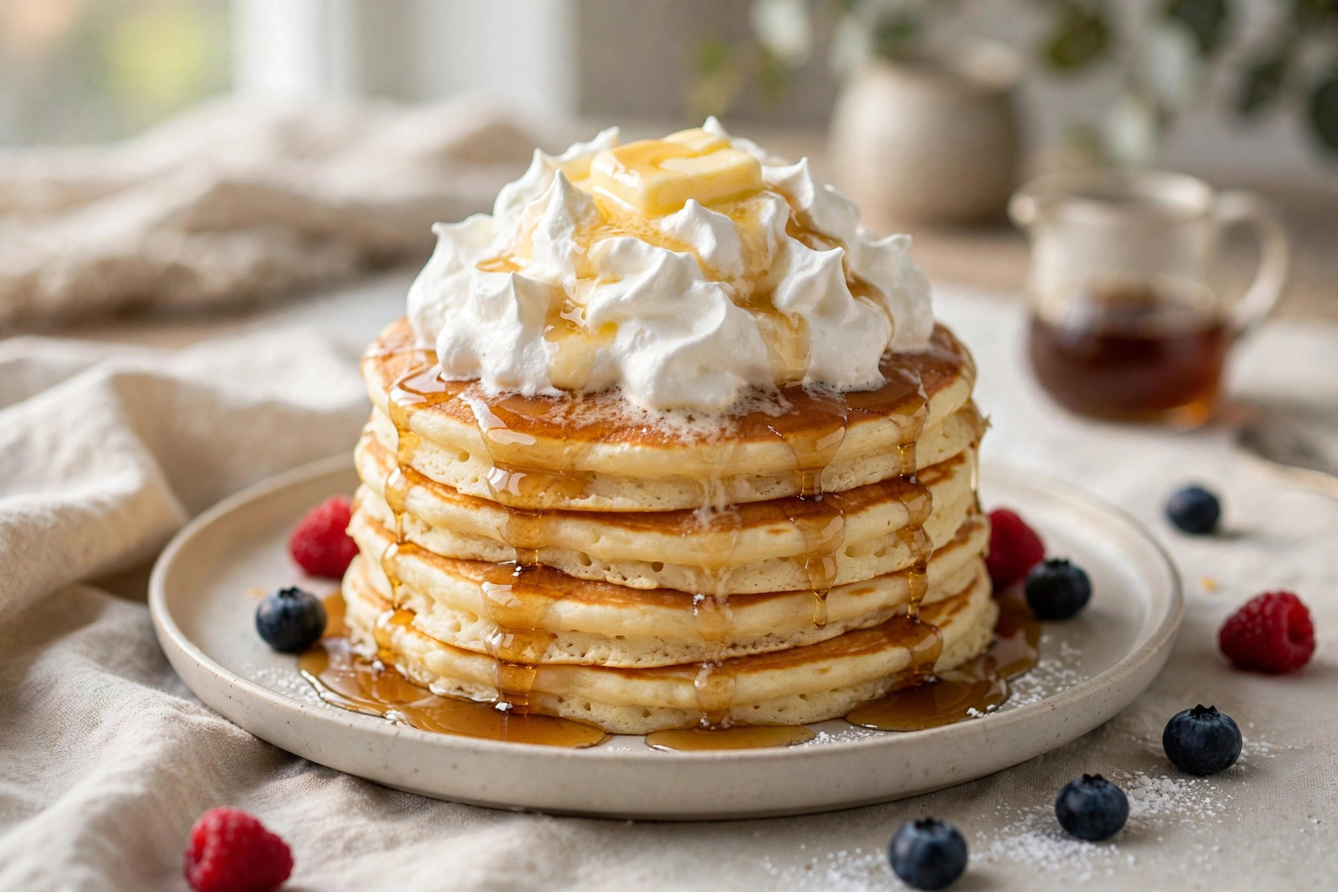 Stack of tall, golden fluffy pancakes made with whipped egg whites, served with fresh berries