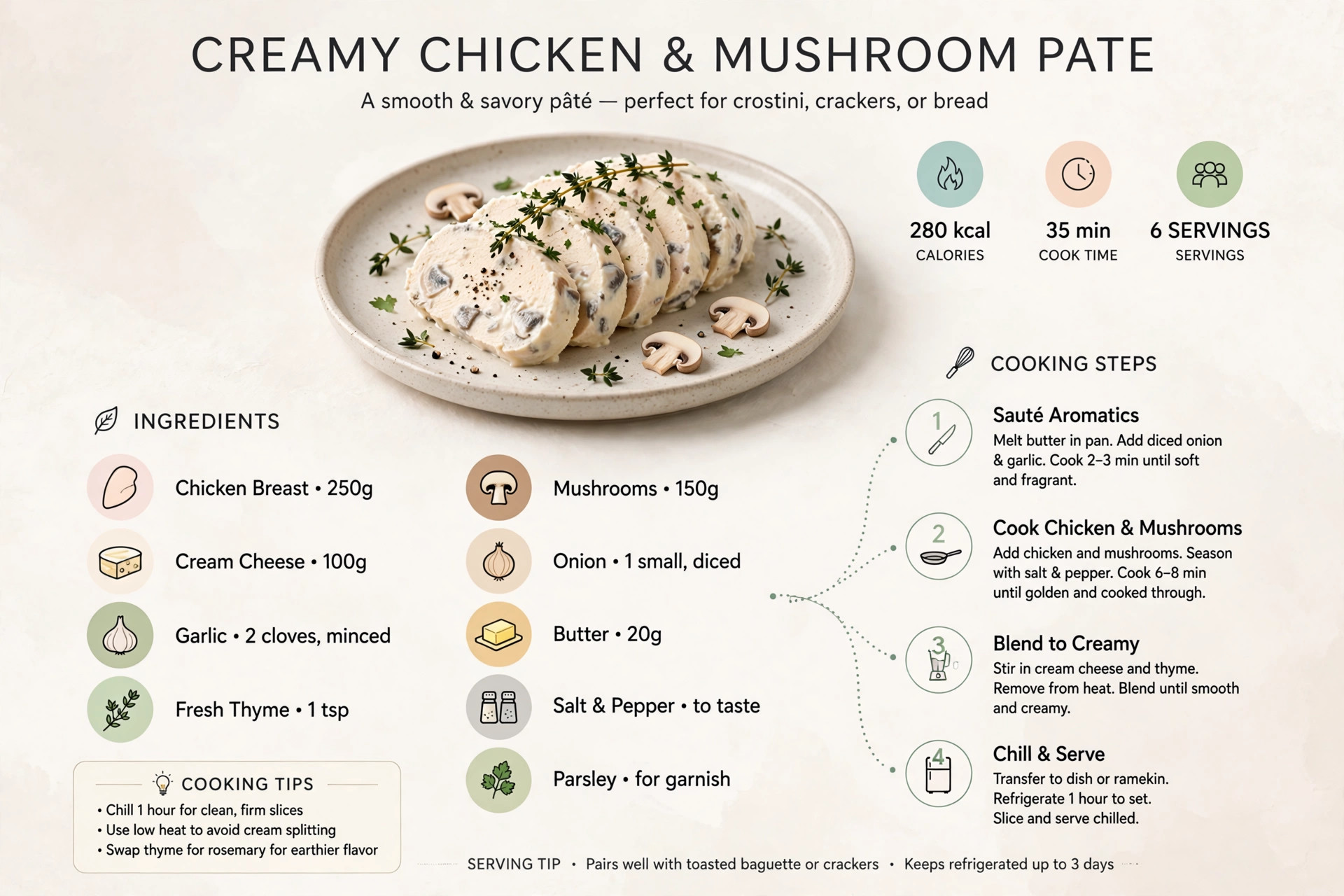 Recipe infographic: Creamy Chicken and Mushroom Pate — ingredients and step-by-step visual guide