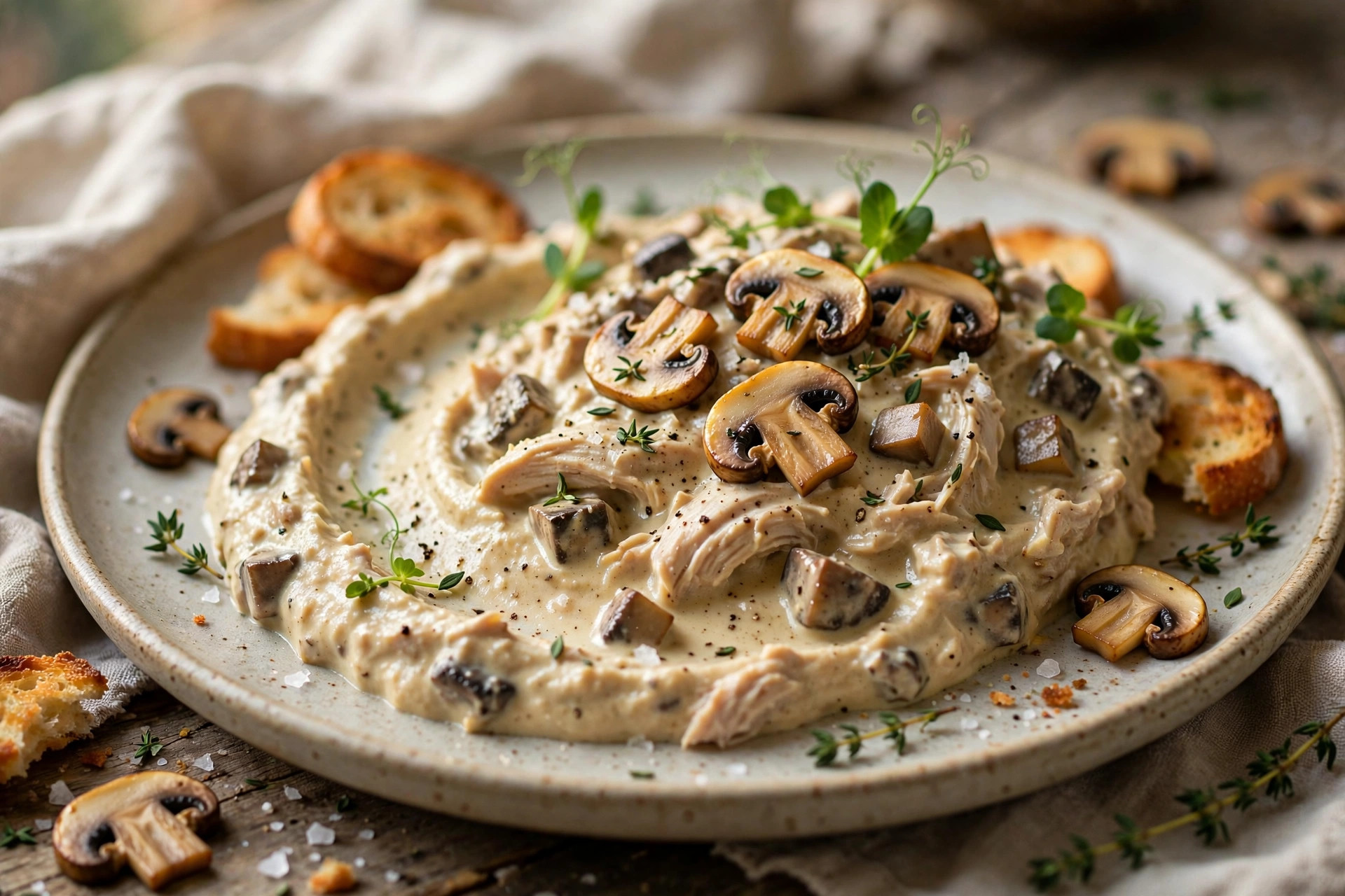 Step-by-step preparation of creamy chicken and mushroom pâté: sautéed mushrooms and onions blended with shredded chicken and cream cheese