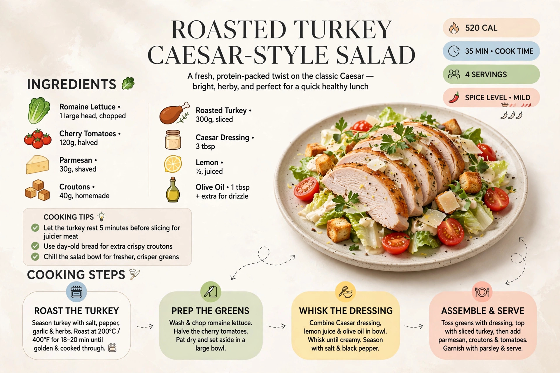 Recipe infographic: Roasted Turkey Caesar-Style Salad — ingredients and step-by-step visual guide