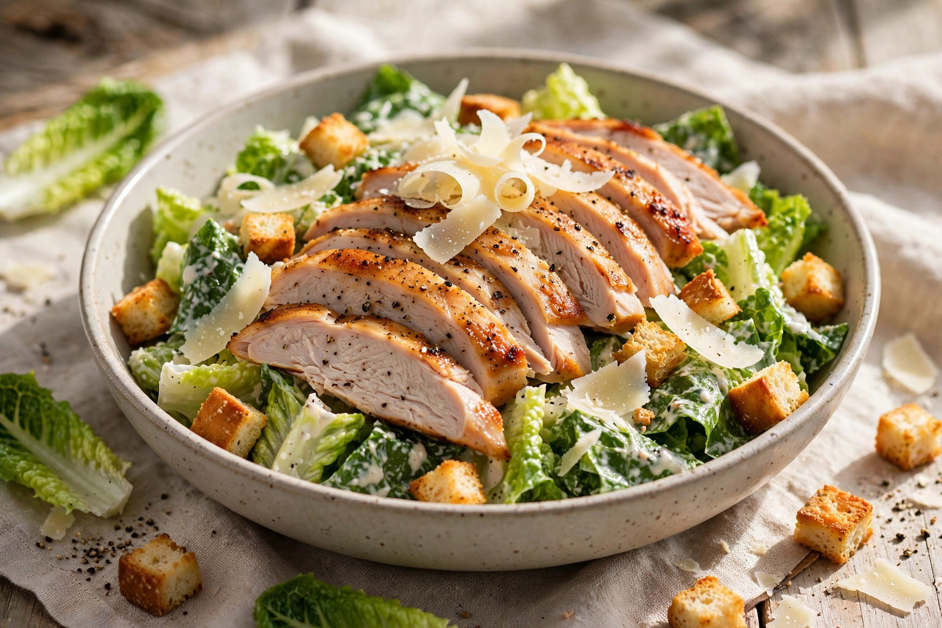 Roasted turkey Caesar-style salad with sliced turkey breast, grated parmesan, croutons and a jammy egg
