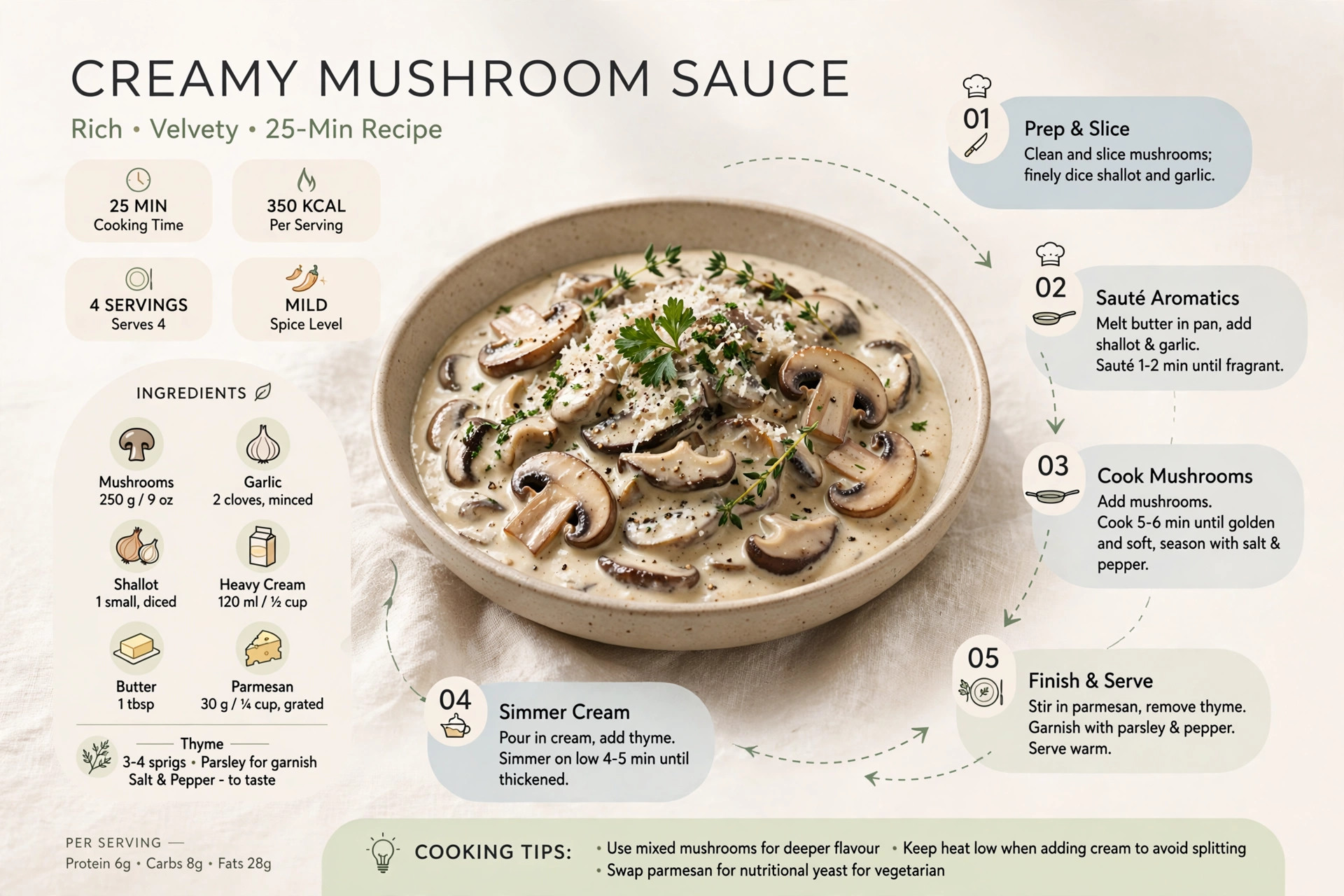 Recipe infographic: Creamy Mushroom Sauce — ingredients and step-by-step visual guide
