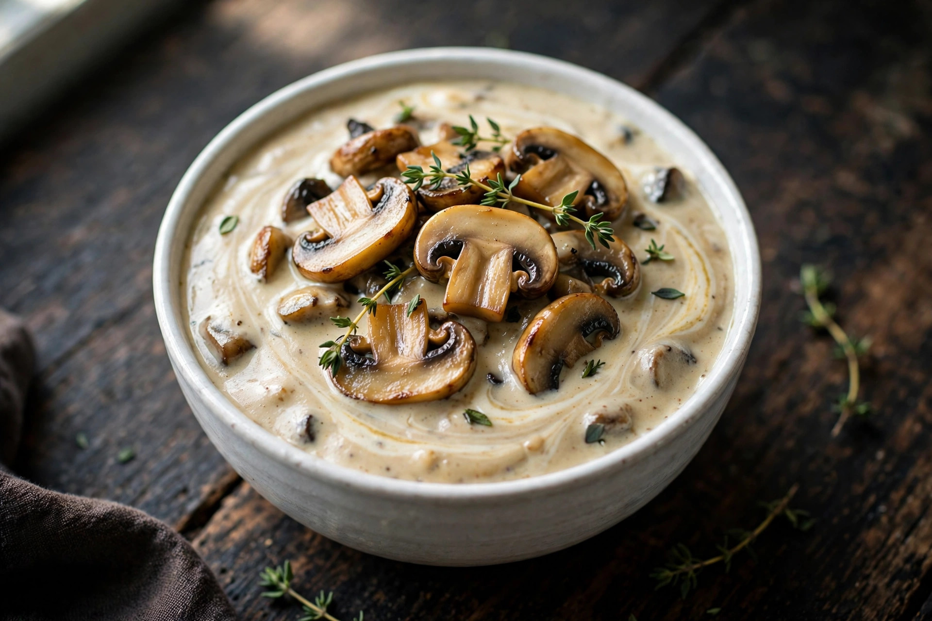 Creamy mushroom sauce in a pan with golden sliced mushrooms in a silky cream sauce