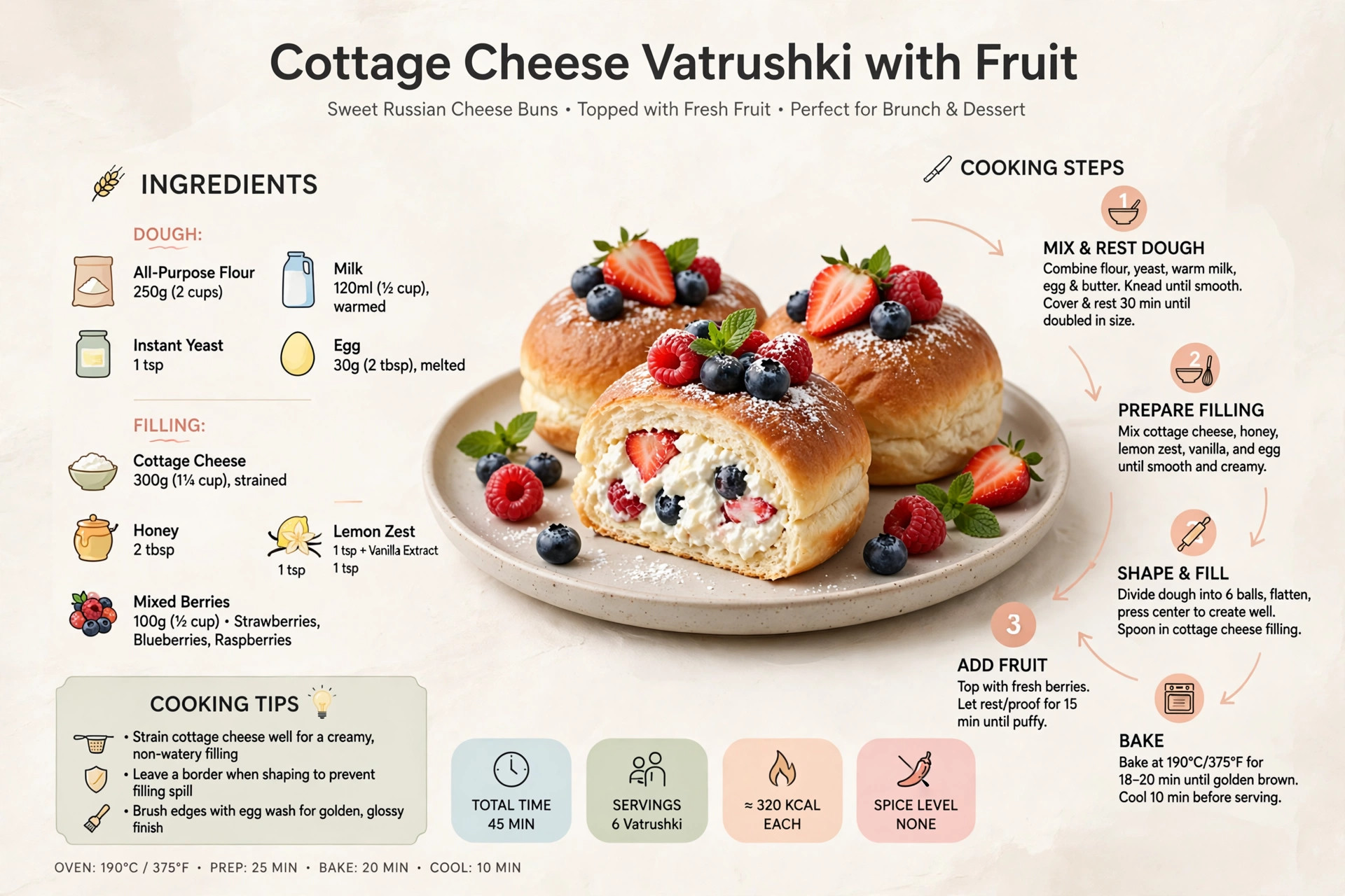 Recipe infographic: Cottage Cheese Vatrushki with Fruit — ingredients and step-by-step visual guide