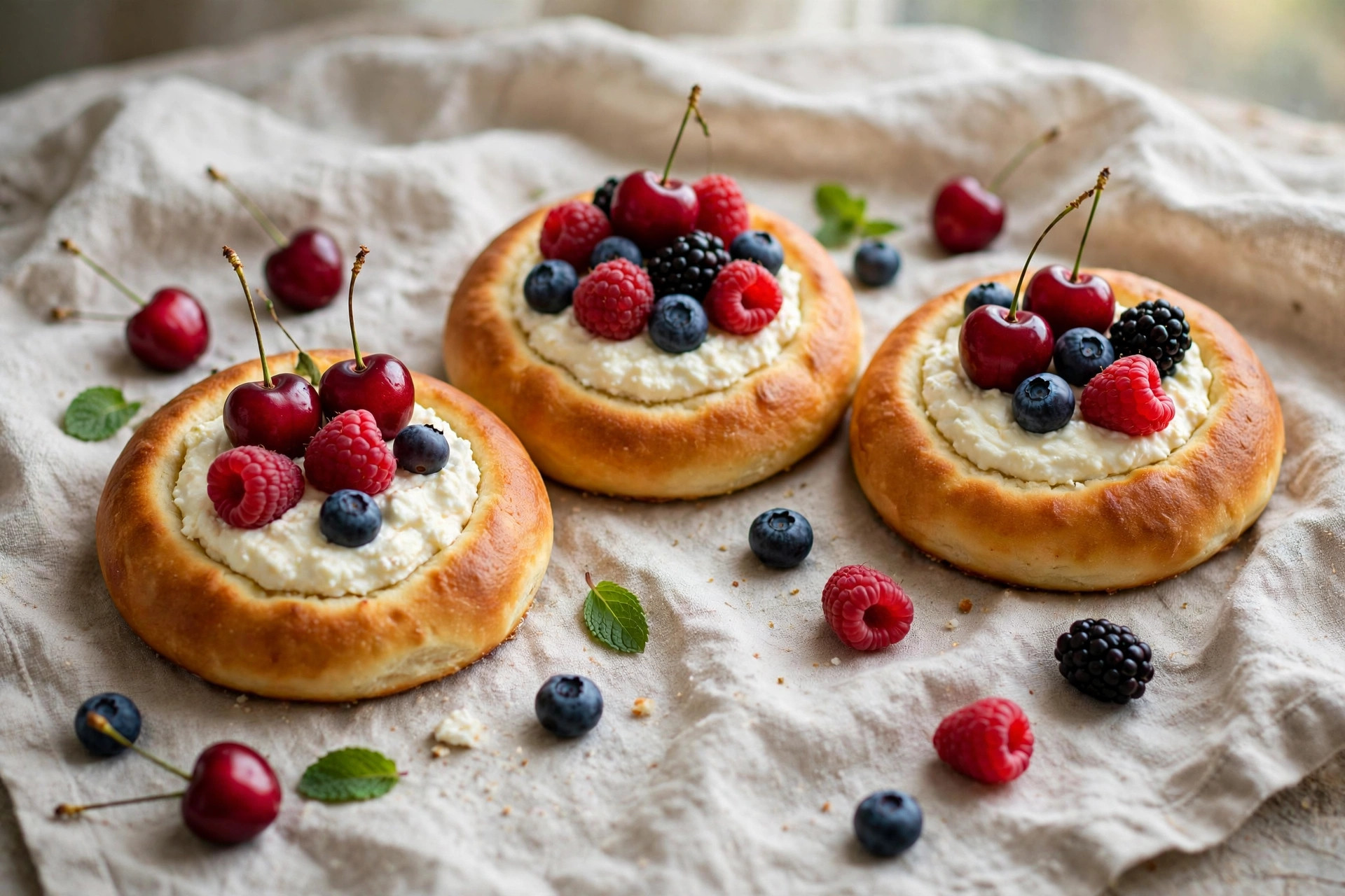 Cottage cheese vatrushki with fresh fruit topping, dusted with powdered sugar