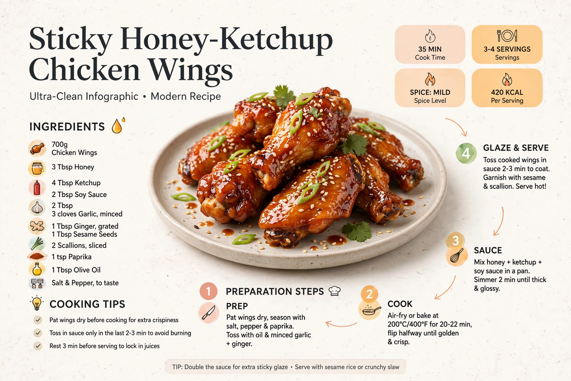 Recipe infographic: Sticky Honey-Ketchup Chicken Wings — ingredients and step-by-step visual guide