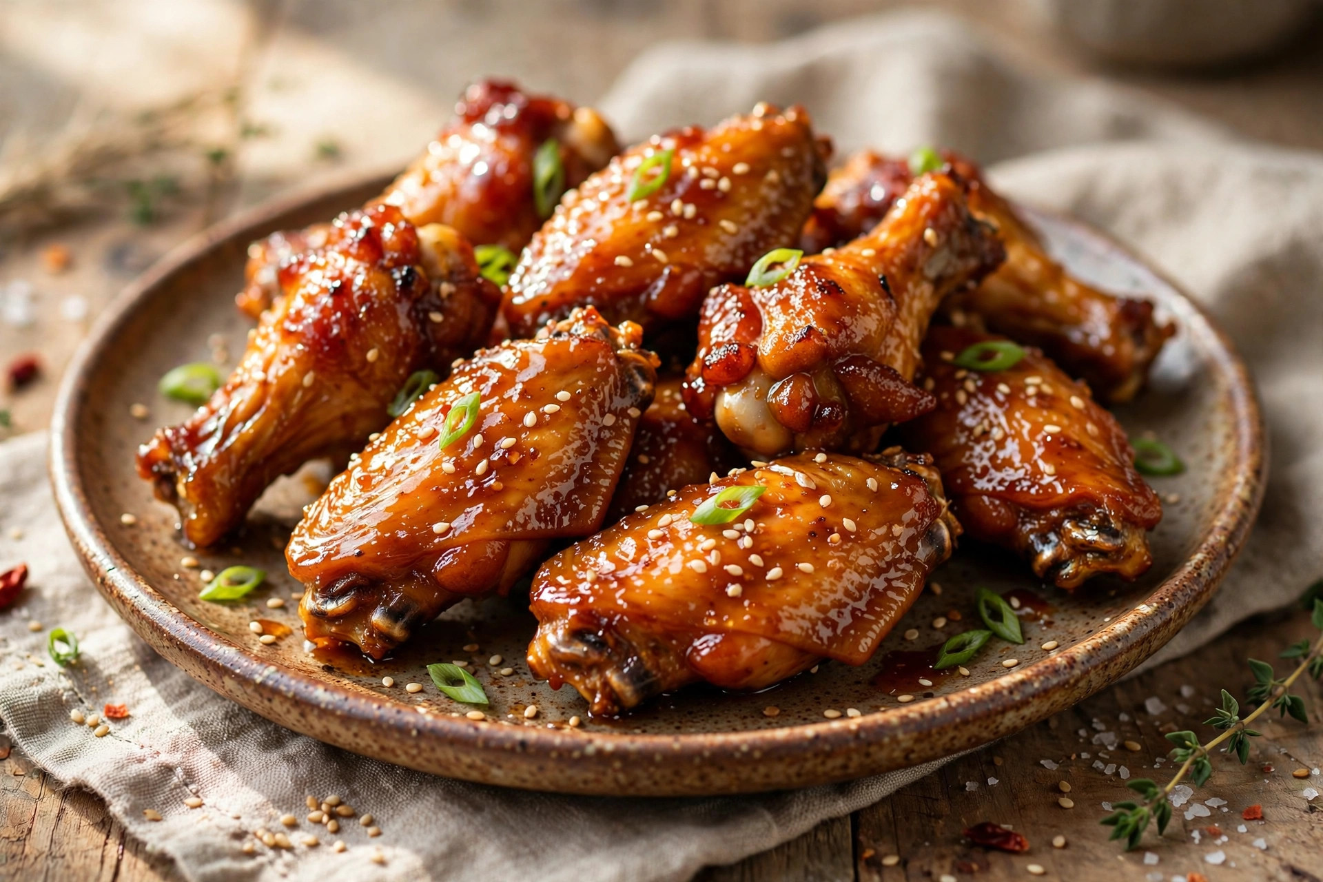 Sticky honey-ketchup chicken wings glistening with glaze, garnished with sesame seeds and sliced scallions on a plate