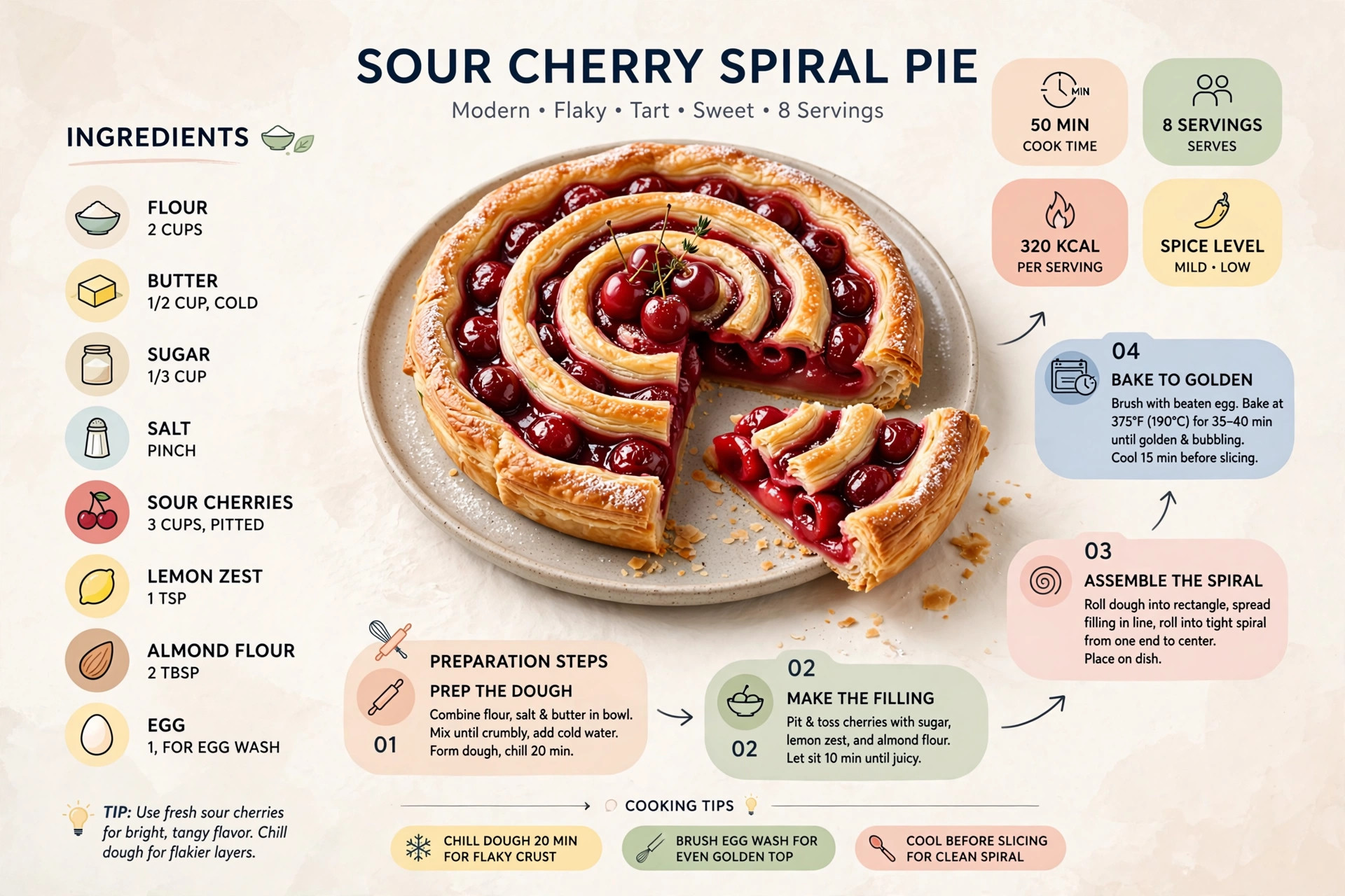 Recipe infographic: Sour Cherry Spiral Pie — ingredients and step-by-step visual guide