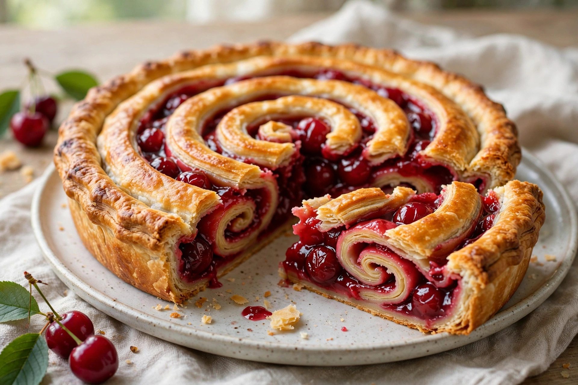 Sour cherry spiral pie with flaky golden crust and glossy cherry filling, one slice cut
