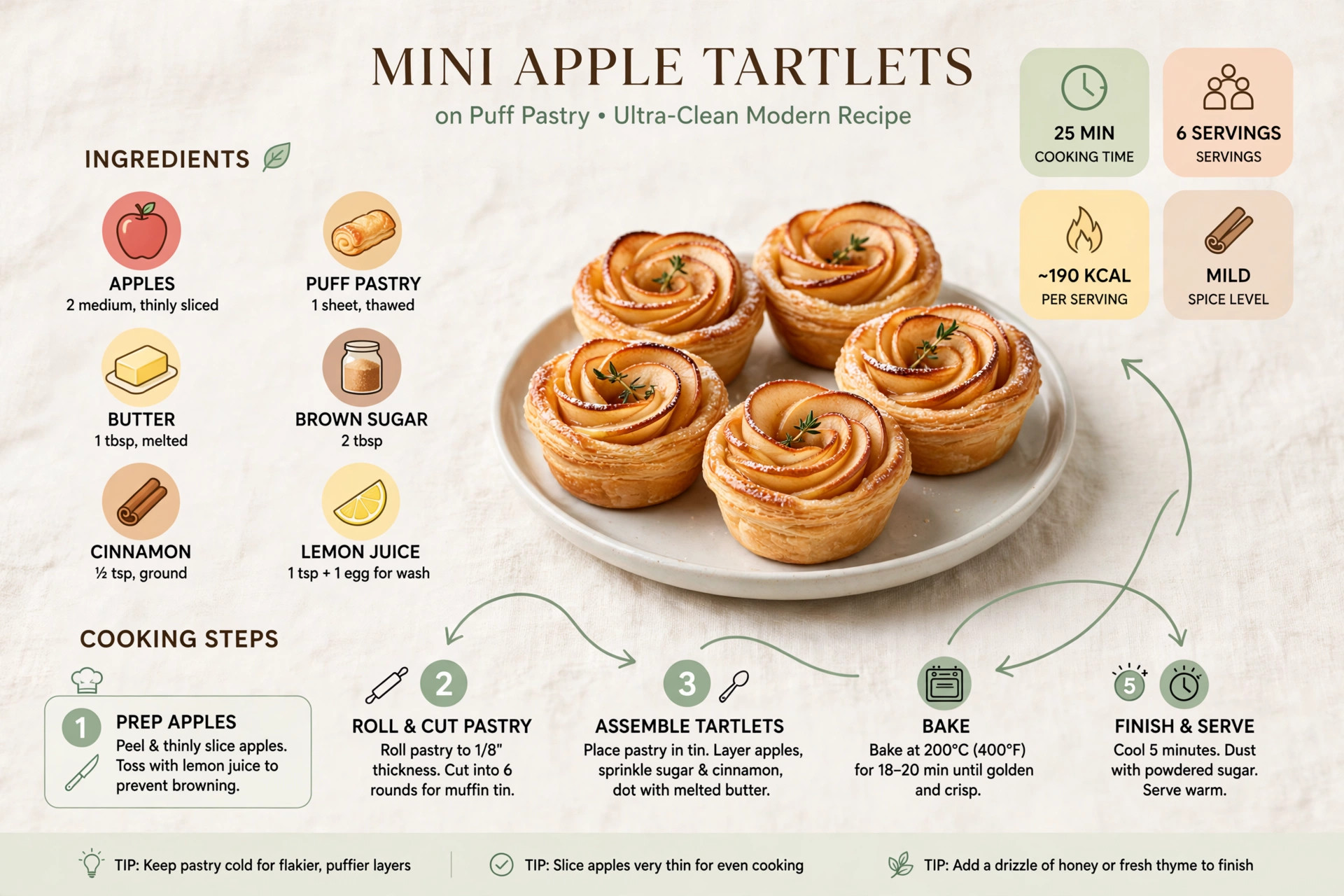 Recipe infographic: Mini Apple Tartlets on Puff Pastry — ingredients and step-by-step visual guide