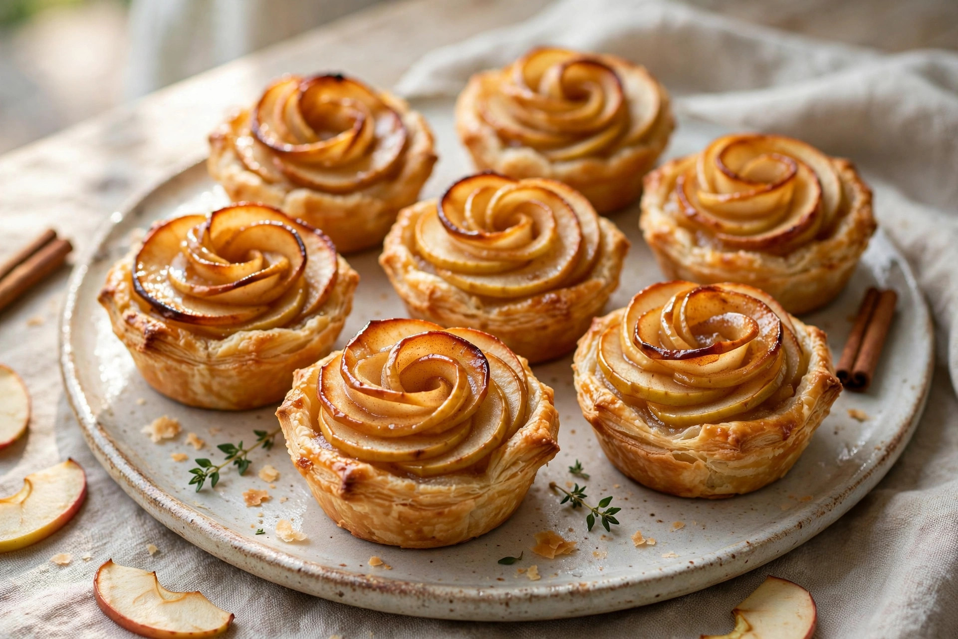 Mini apple tartlets on puff pastry with caramelized apple slices, dusted with powdered sugar