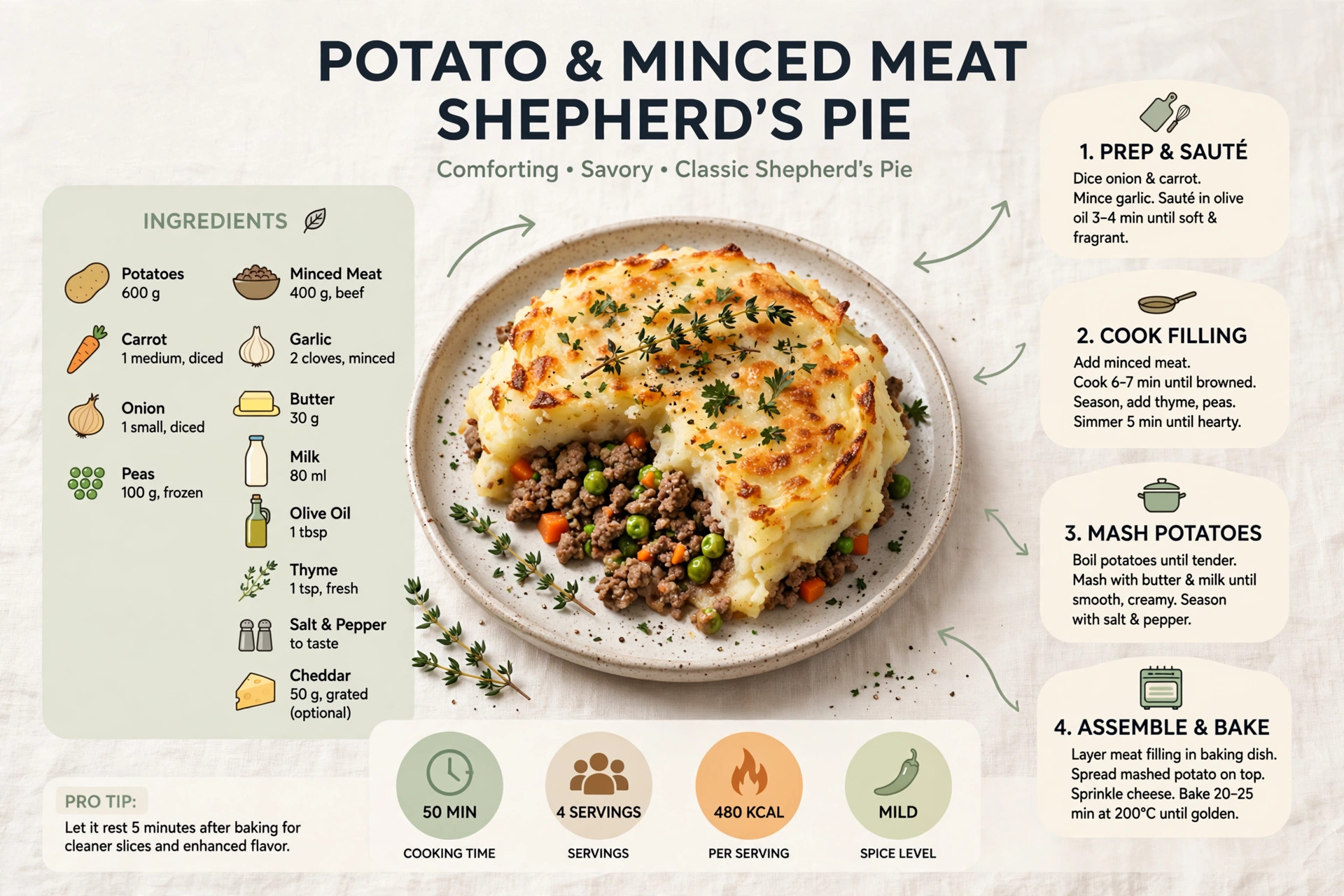 Recipe infographic: Potato and Minced Meat Shepherd's Pie — ingredients and step-by-step visual guide