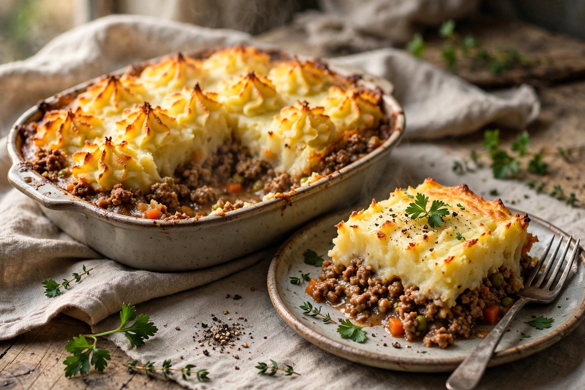 Golden-baked shepherd's pie with a creamy potato crust over savory minced meat and vegetables