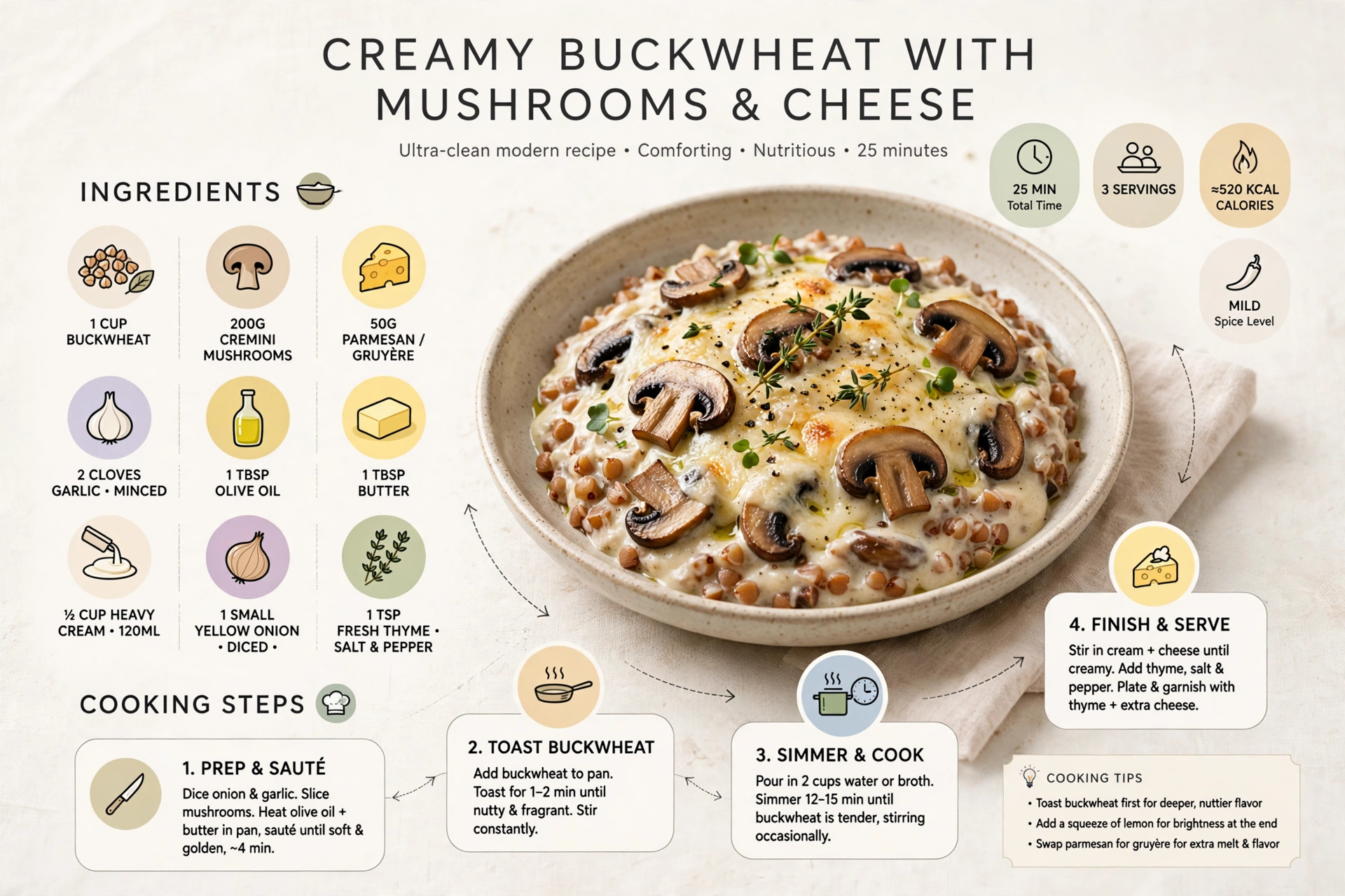 Recipe infographic: Creamy Buckwheat with Mushrooms and Cheese — ingredients and step-by-step visual guide