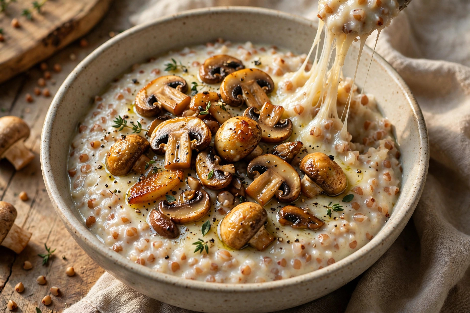 Creamy buckwheat with golden sautéed mushrooms and melted cheese in a pan