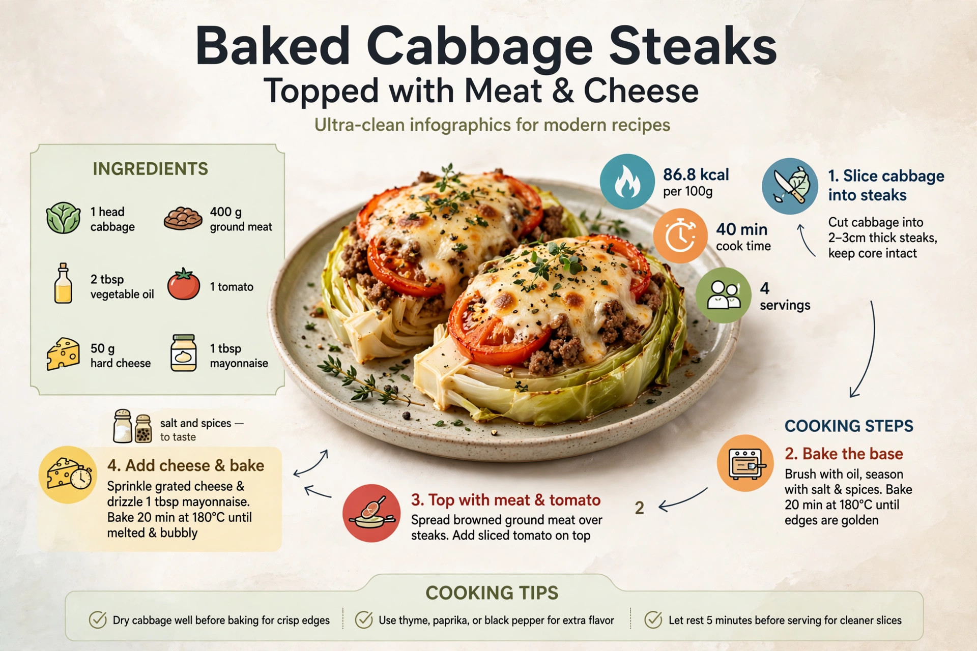 Recipe infographic: Baked Cabbage Steaks Topped with Meat and Cheese — ingredients and step-by-step visual guide