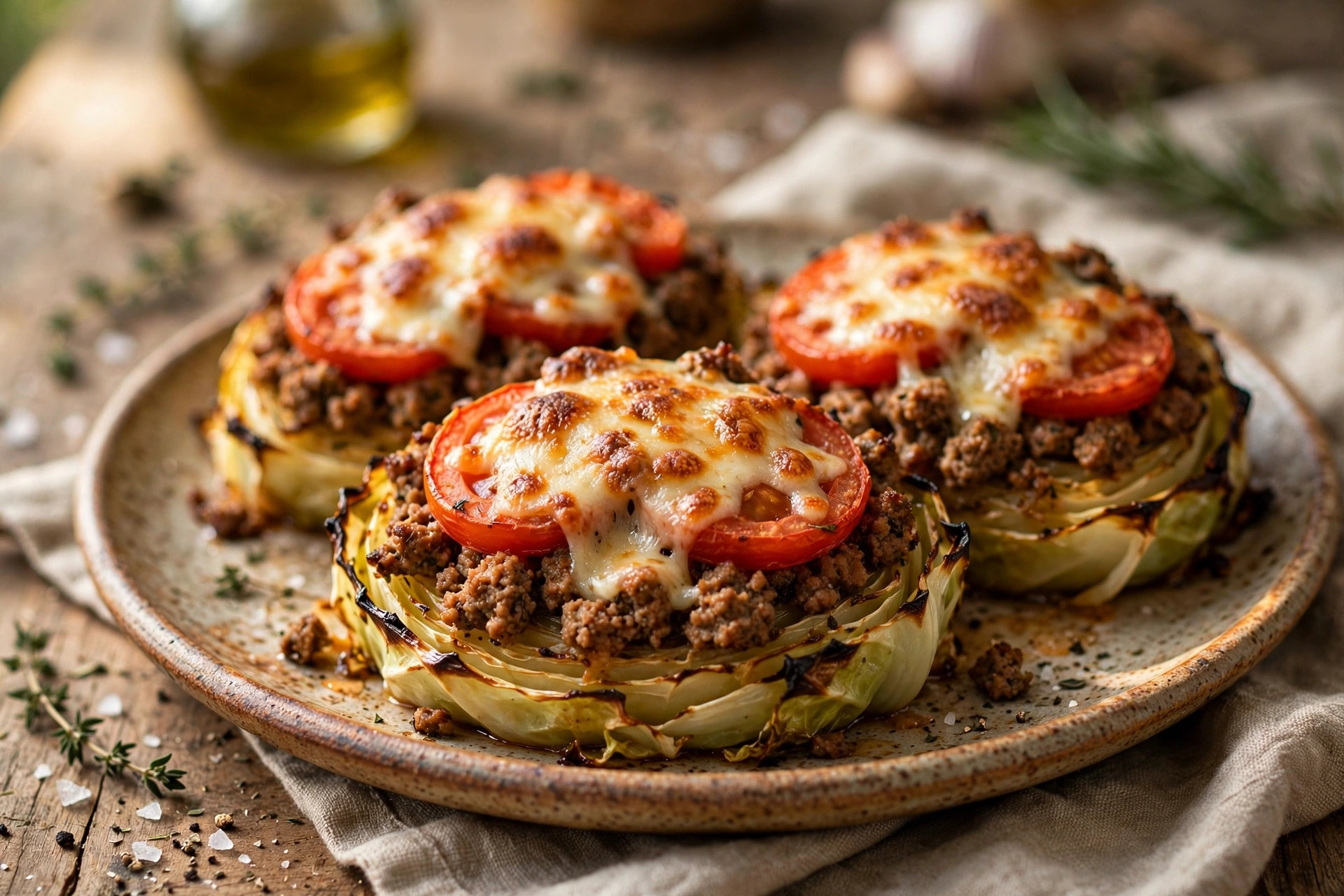 Baked cabbage steaks with meat and cheese on a plate