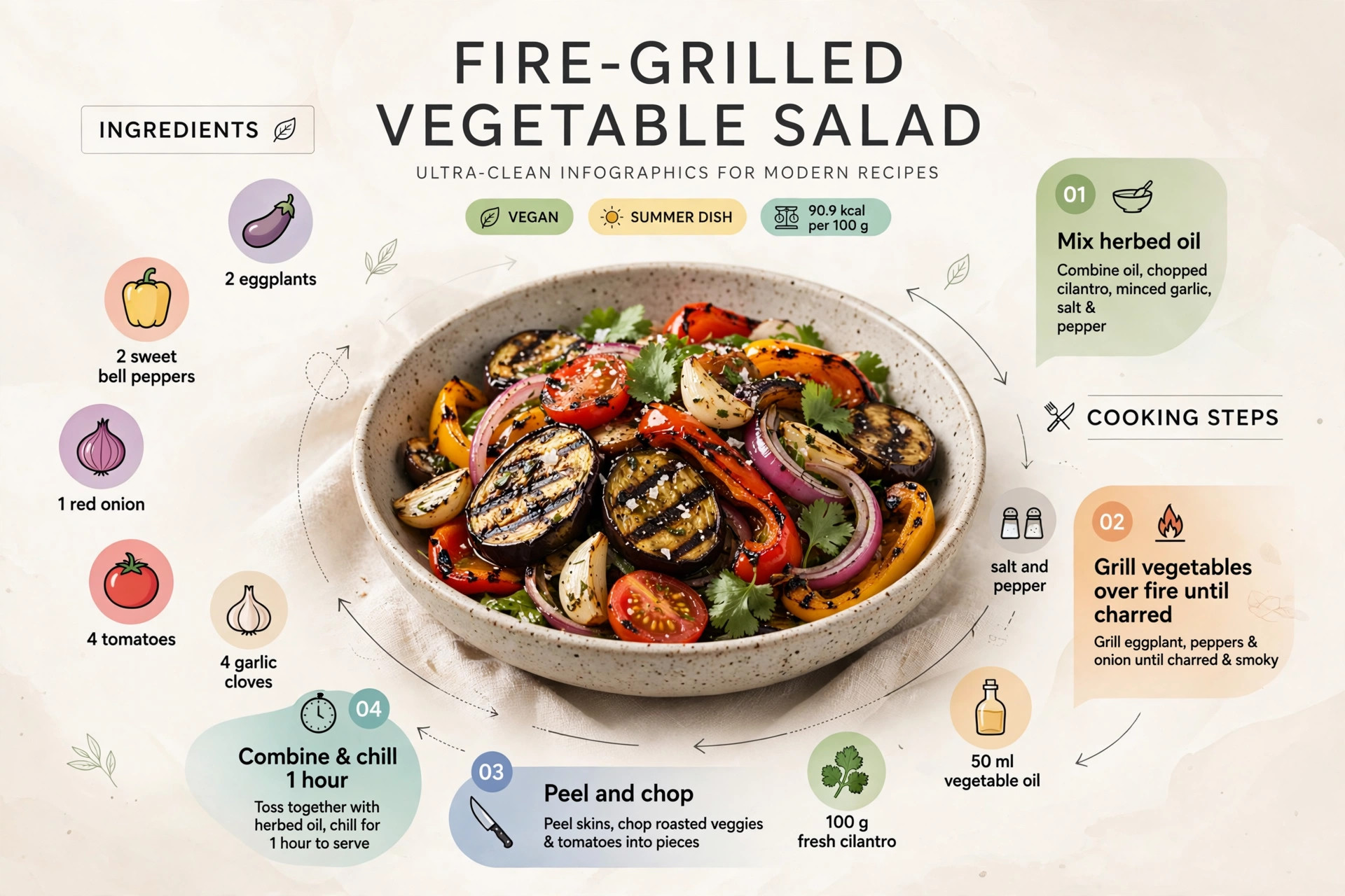 Recipe infographic: Fire-Grilled Vegetable Salad — ingredients and step-by-step visual guide