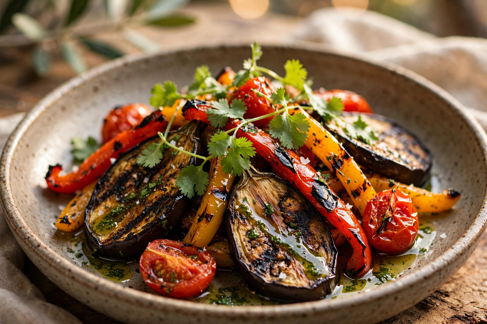 Fire-grilled vegetable salad with charred eggplant and peppers