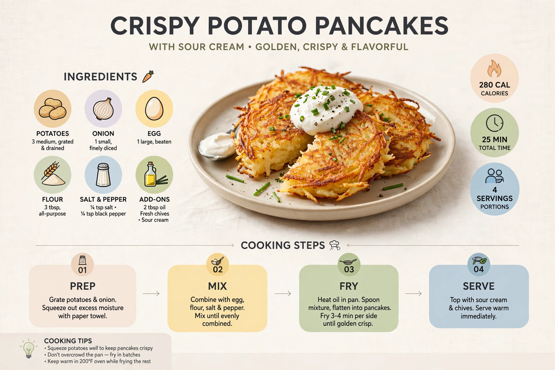 Recipe infographic: Crispy Potato Pancakes with Sour Cream — ingredients and step-by-step visual guide