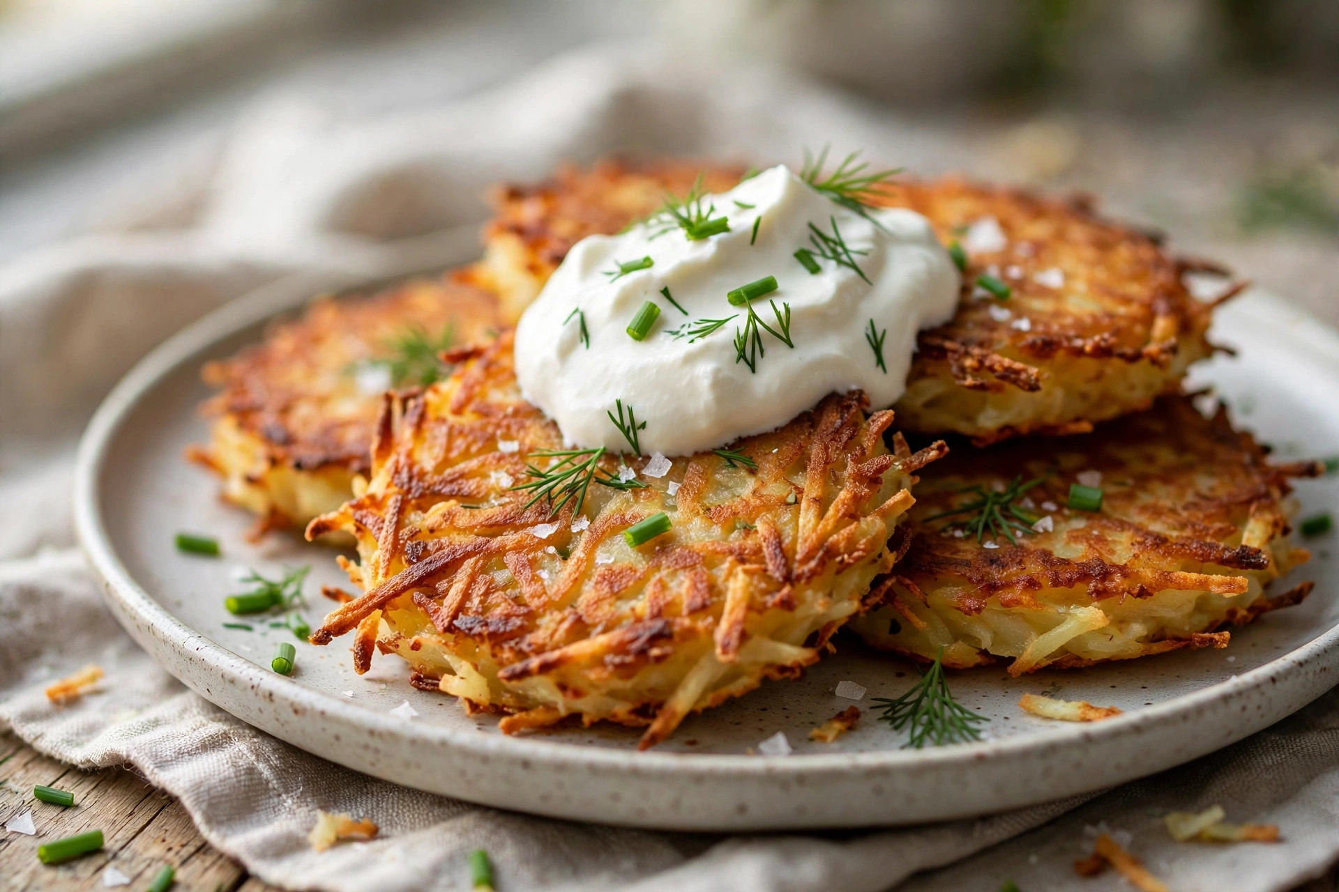 Shaping grated potato mixture into golden crispy pancakes frying in a skillet