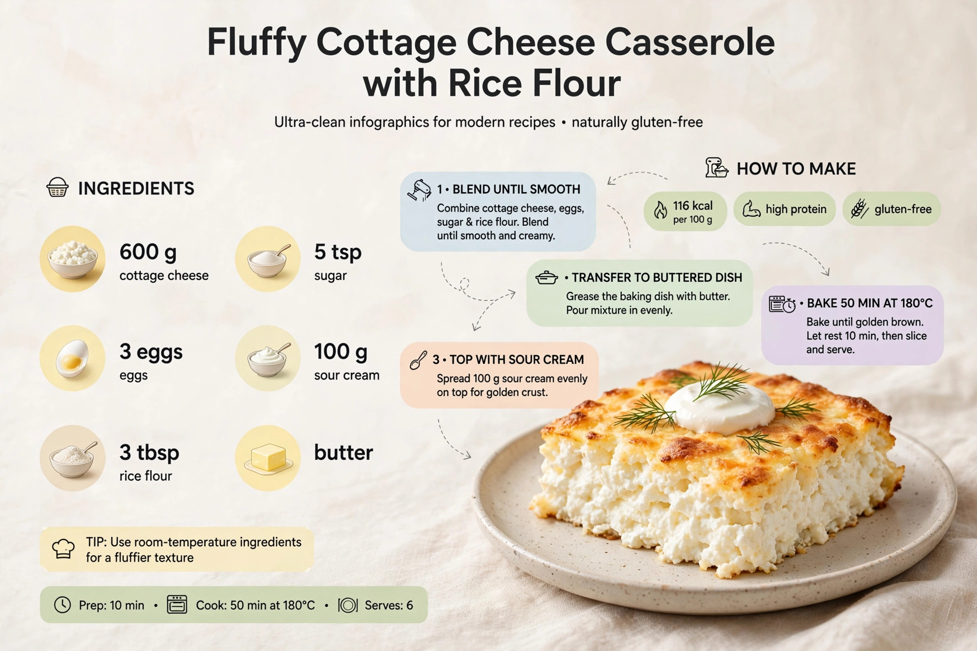 Recipe infographic: Fluffy Cottage Cheese Casserole with Rice Flour — ingredients and step-by-step visual guide