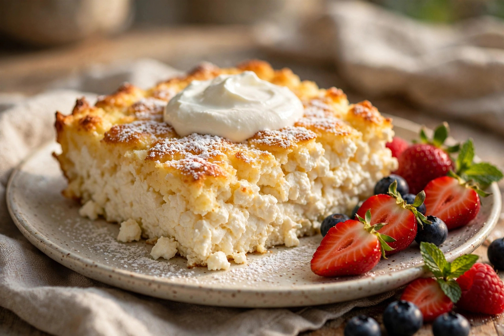 Fluffy cottage cheese casserole with rice flour, golden and puffed