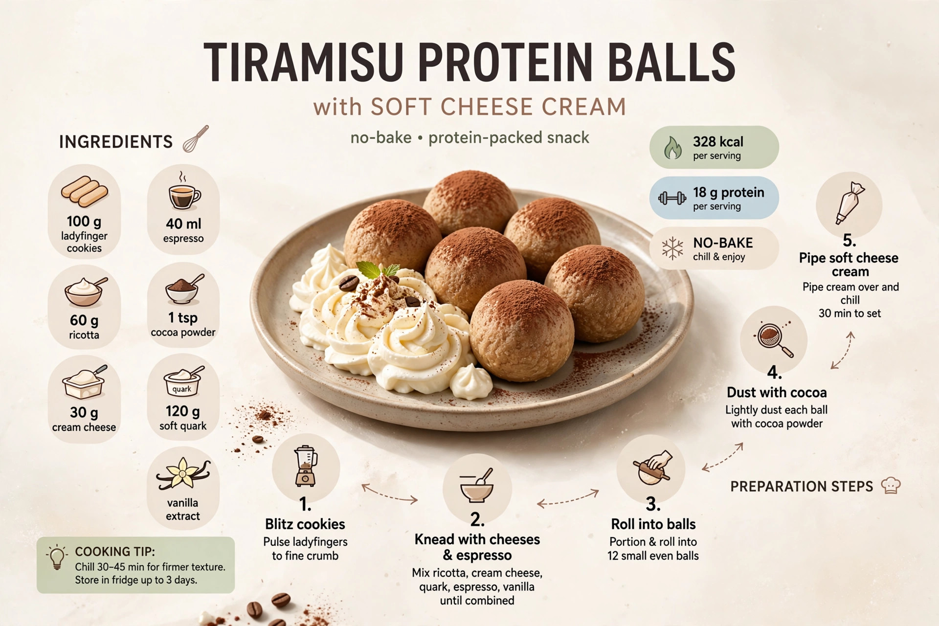 Recipe infographic: Tiramisu Protein Balls with Soft Cheese Cream — ingredients and step-by-step visual guide