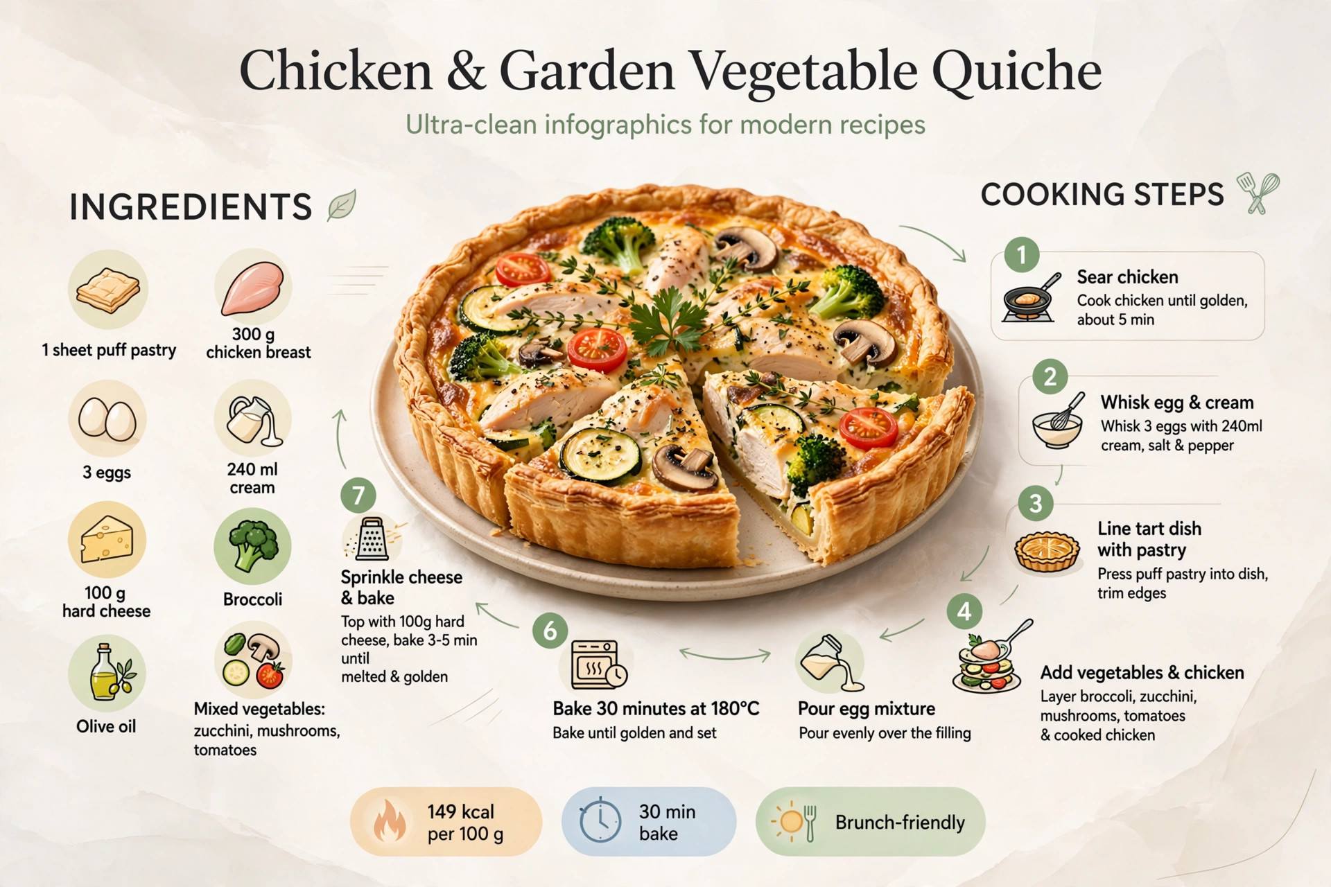 Recipe infographic: Chicken and Garden Vegetable Quiche — ingredients and step-by-step visual guide