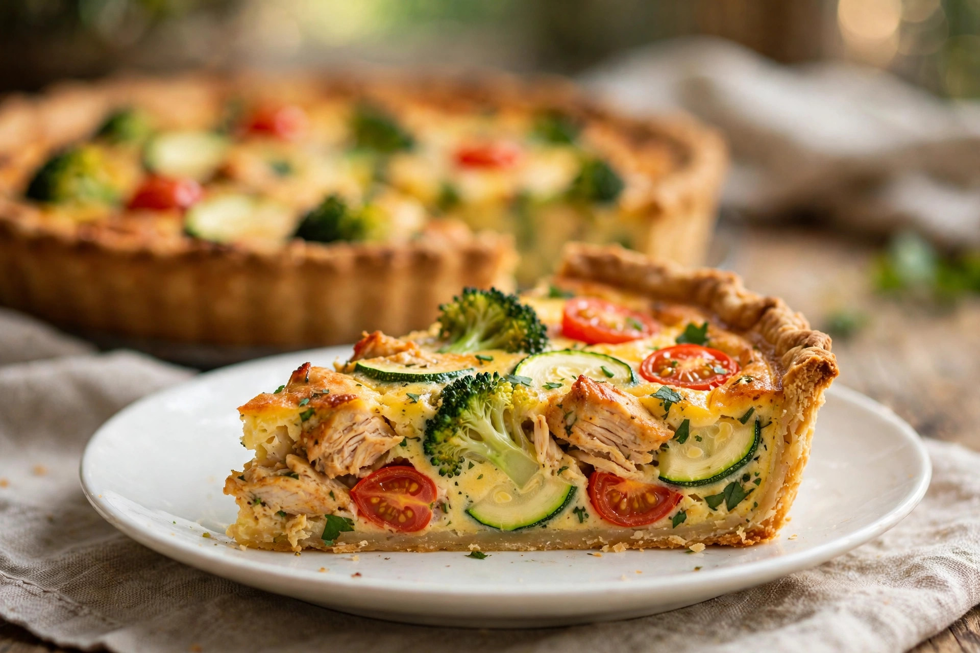 Chicken and garden vegetable quiche with golden puff pastry crust