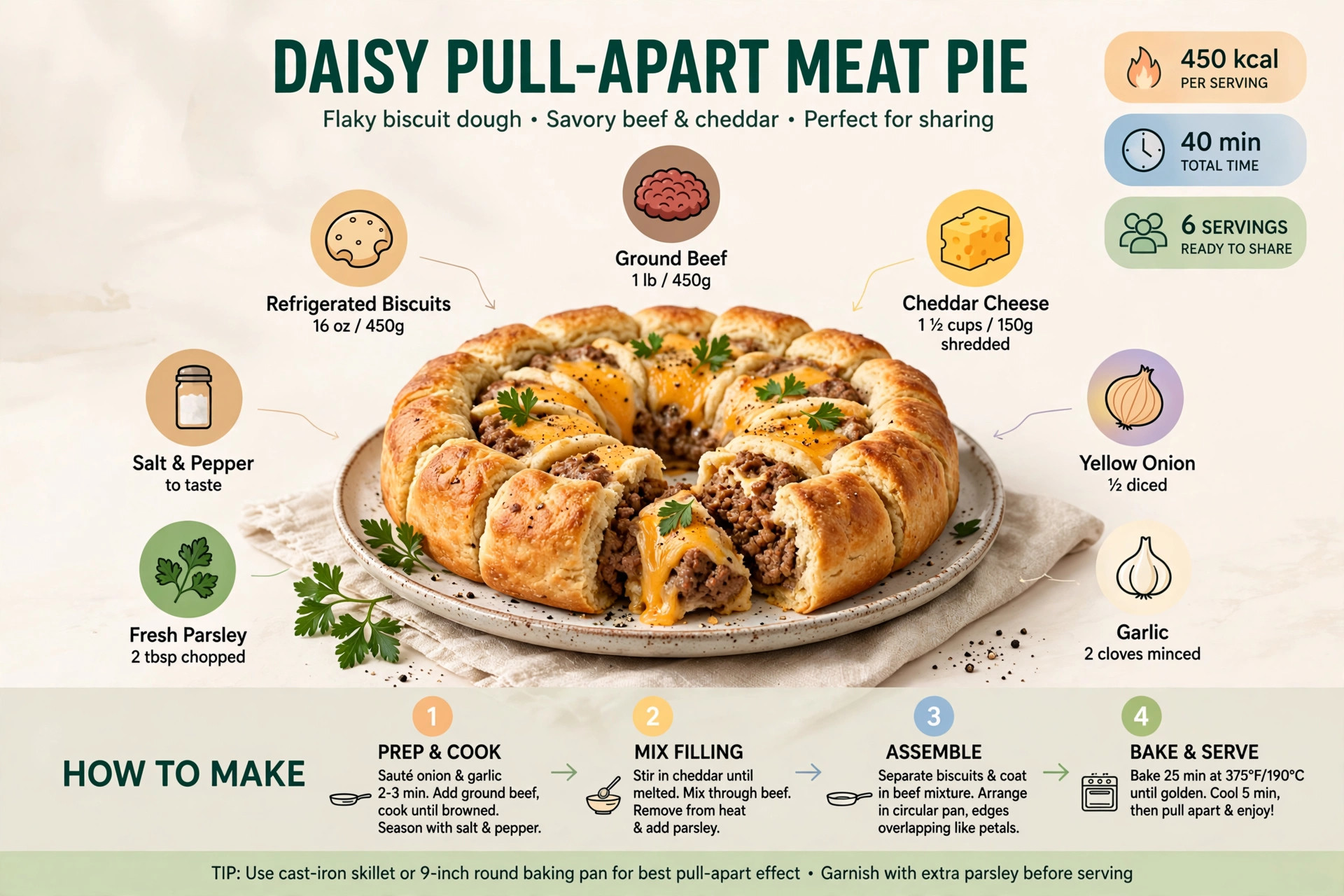 Recipe infographic: Daisy Pull-Apart Meat Pie — ingredients and step-by-step visual guide