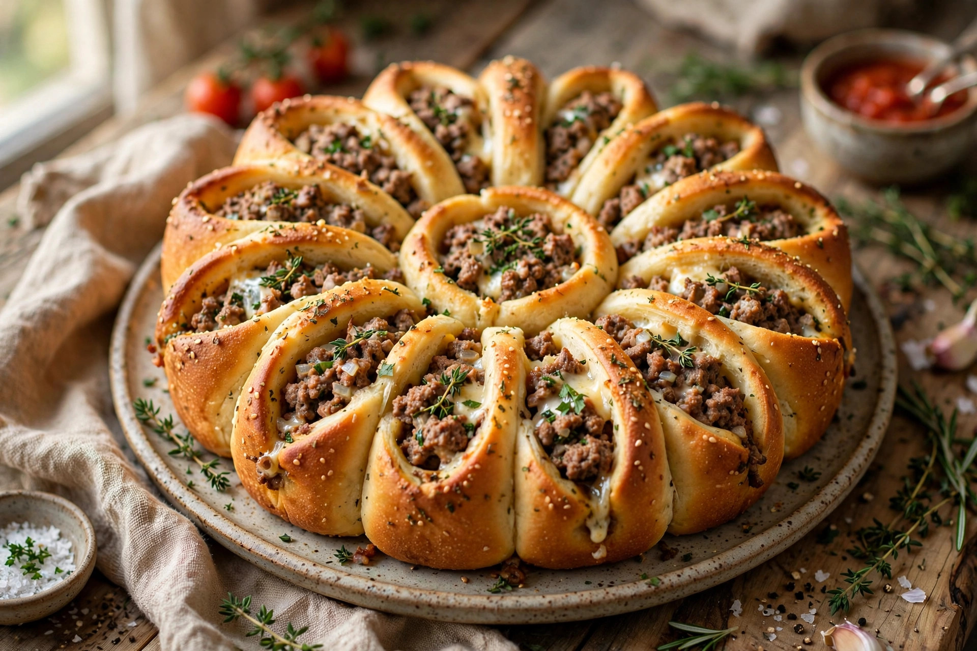 Golden-brown daisy pull-apart meat pie buns arranged in a round baking dish