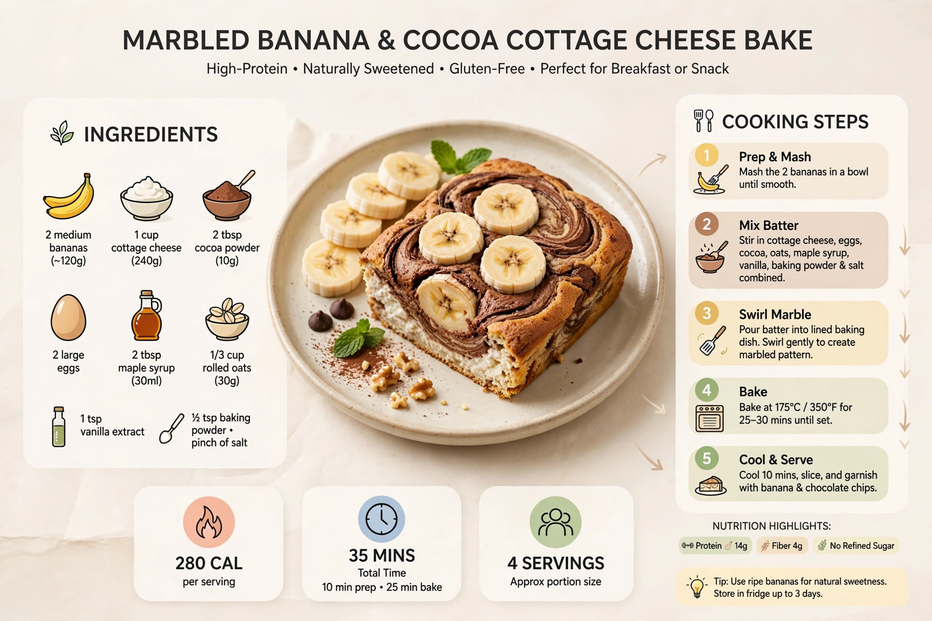 Recipe infographic: Marbled Banana and Cocoa Cottage Cheese Bake — ingredients and step-by-step visual guide